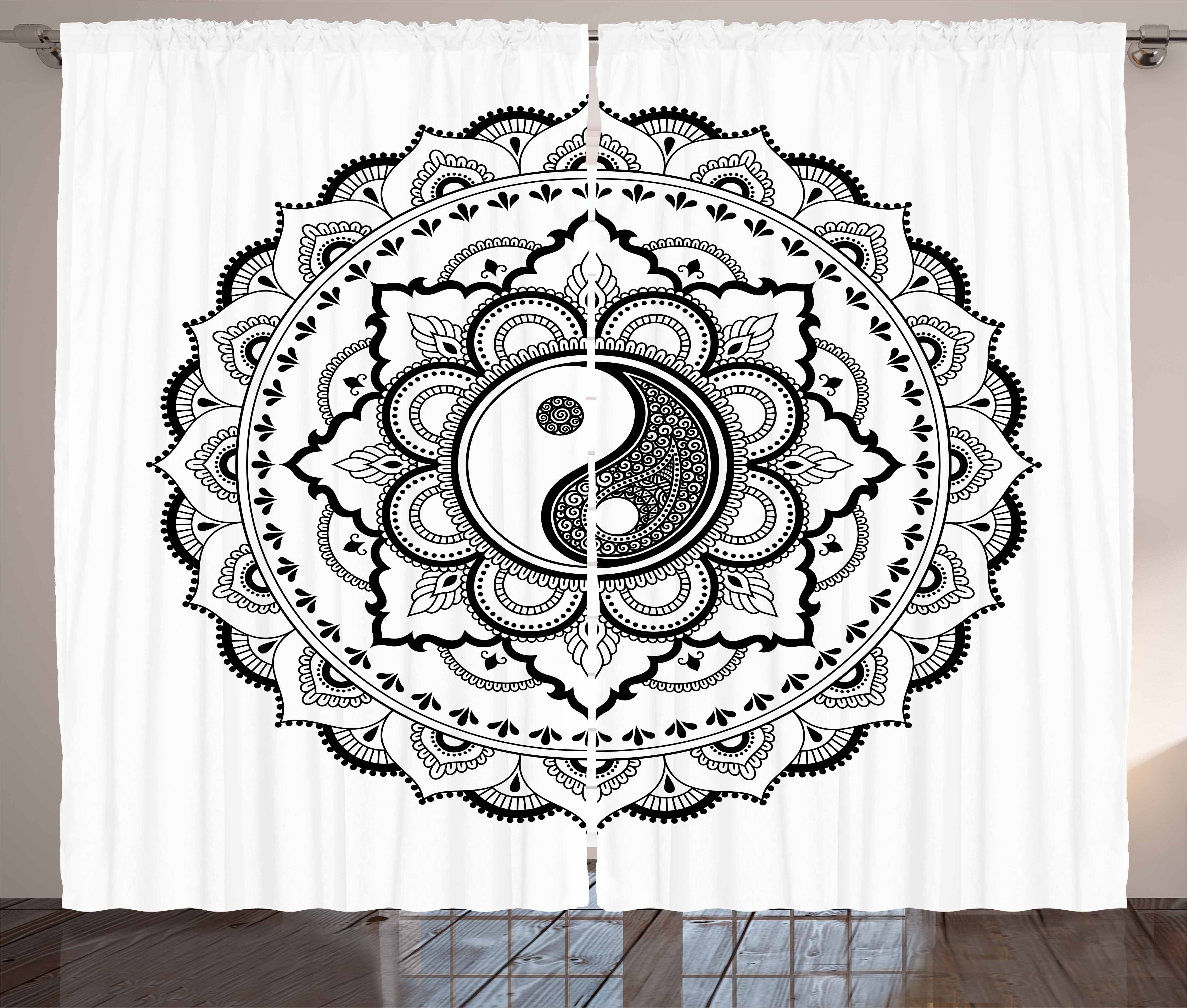 Gardine Schlafzimmer Kräuselband Vorhang mit Schlaufen und Haken, Abakuhaus, Schwarz und weiß Mandala Blumen