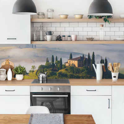 Bilderdepot24 Küchenrückwand blau dekor Natur Wandpaneel Küche Landgut in der Toskana, (1-tlg., Nischenrückwand - für Fliesenspiegel ohne Bohren - matt), Spritzschutz Rückwand Küche Herd - Folie selbstklebend versch. Größen