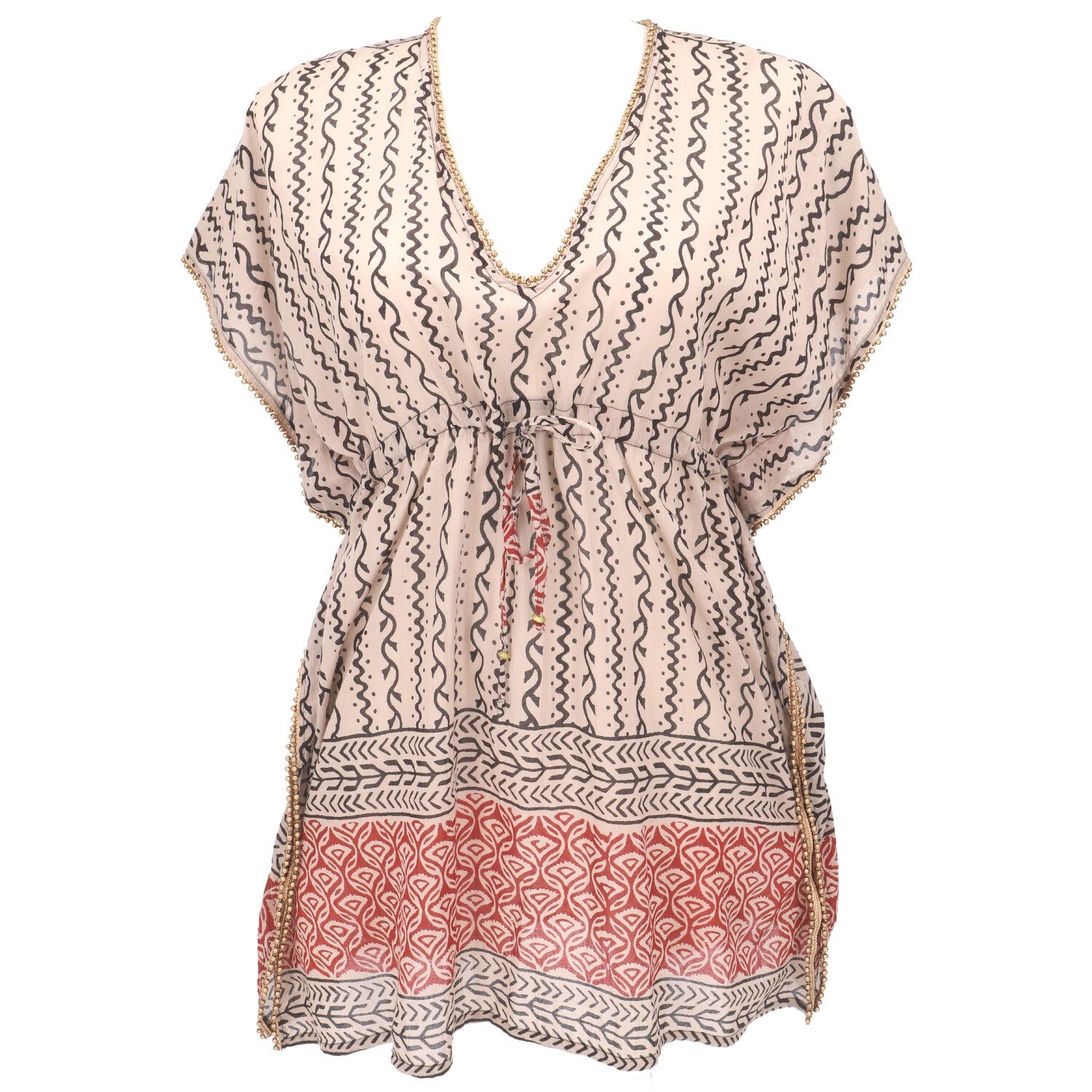 Guru-Shop Longbluse Leichter Kaftan mit Perlenbordüre, Boho XL.. alternative Bekleidung