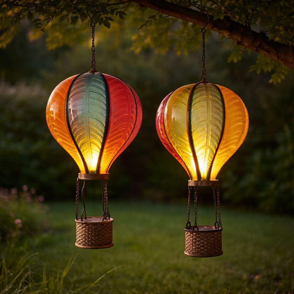 Expo Börse LED Solarleuchte, LED-Leuchtmittel fest verbaut, Warmweiß, Solar Heißluftballon Hängelampe LED Garten Flammeneffekt 2er Set