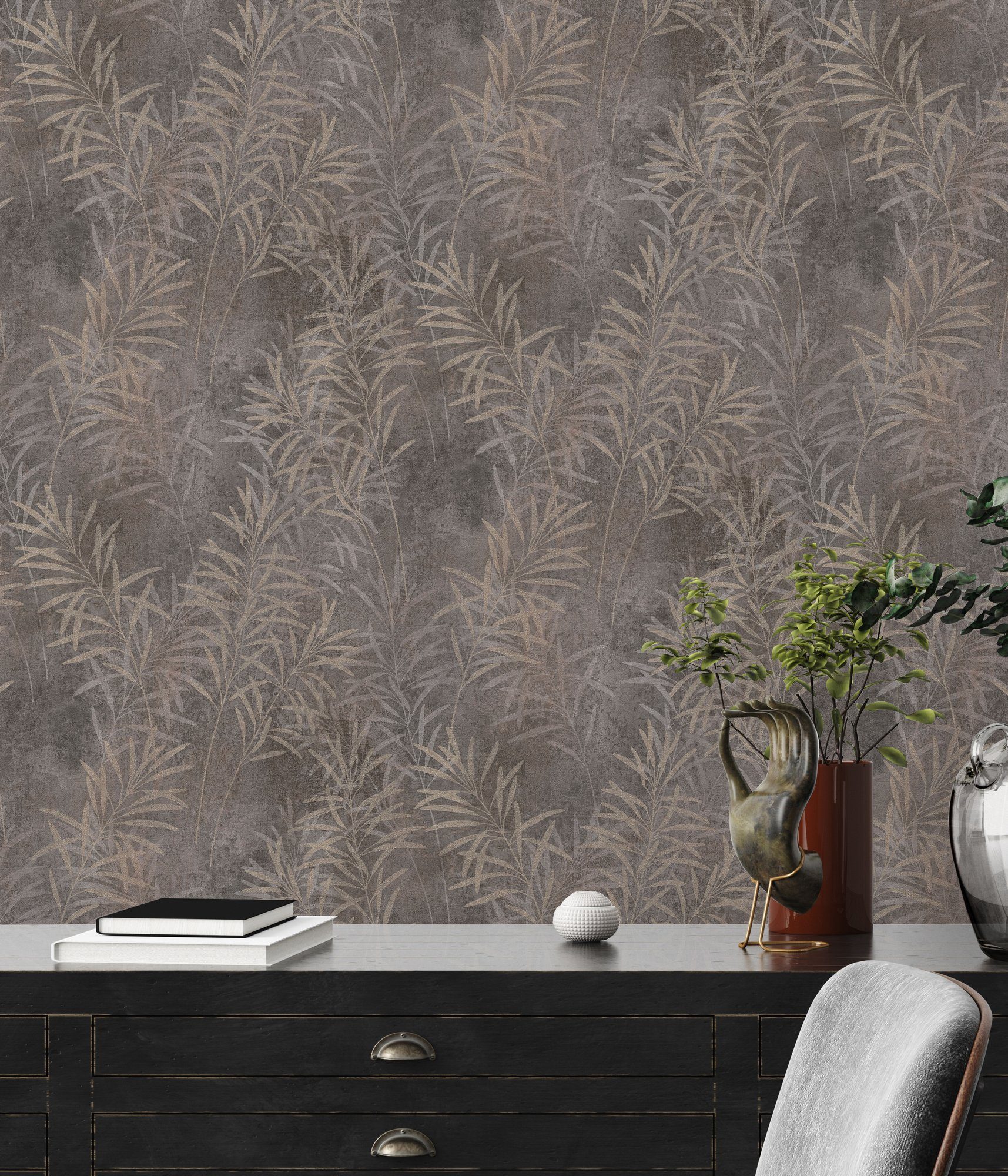 Bricoflor Blätter Tapete mit Metallic Effekt anthrazit Vliestapete mit Blät günstig online kaufen