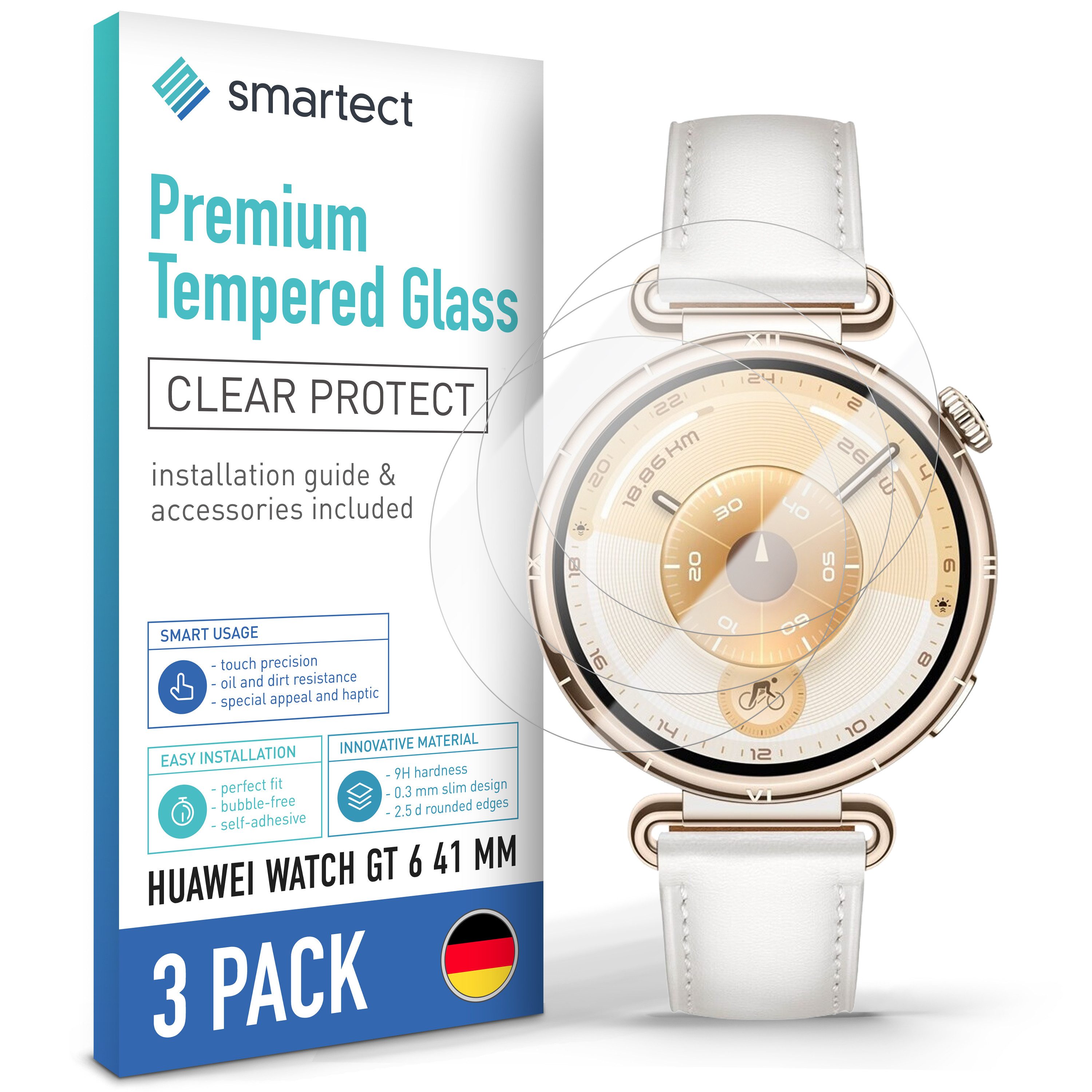 smartect Displayschutzglas 3X Schutzglas Panzerfolie Klar für Huawei Watch GT 6 41 mm für Huawei Watch GT 6 41 mm, Set, 3 Stück, 0.3 mm Ultra-klar, 9H Härte, Kratzfest, Stoßfest, Blasenfrei, Oleophob