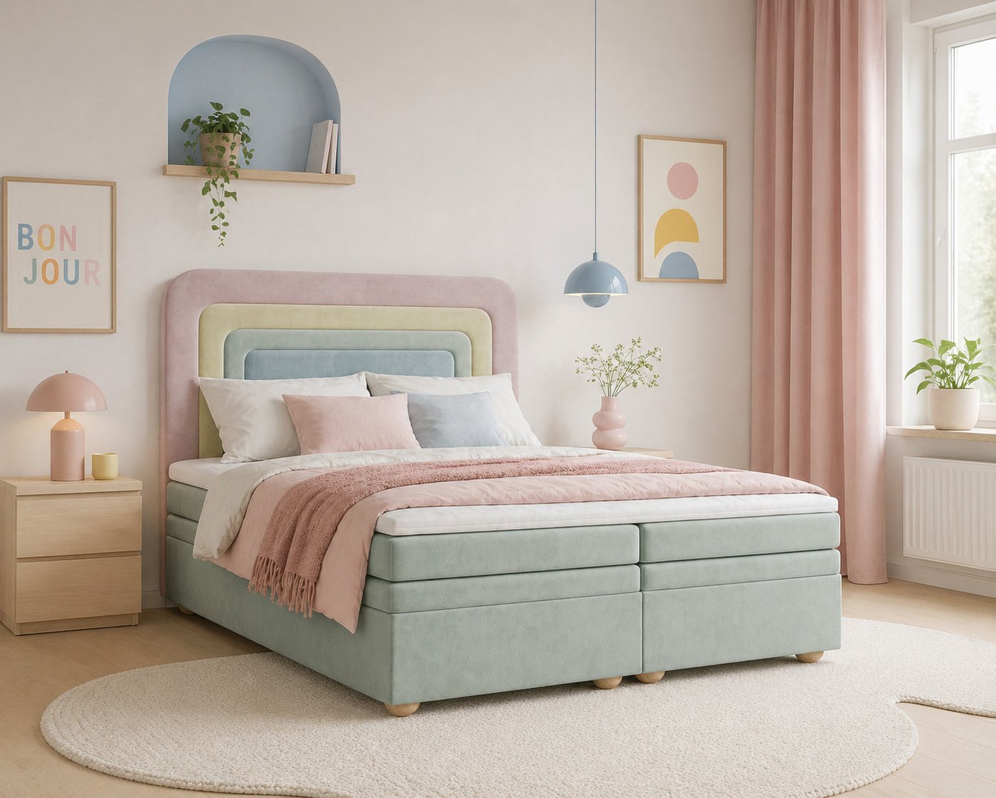 MOEBLO Boxbett NEST (Regenbogenbett, regenbogenförmige abgerundete Kopfstütze, mit Bettkasten, Samt, Velour, Bonell + Topper, Doppelbett buntes Bett), (BxHxT): 143 / 163 / 183 x 125 x 214 cm