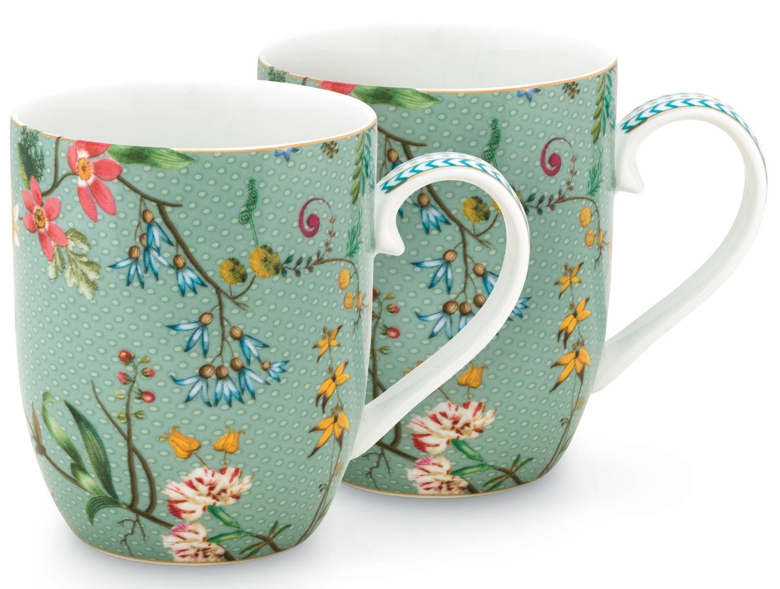 PiP Studio Becher Jolie Flowers Blue Becher mit Henkel klein Set2, Porzellan