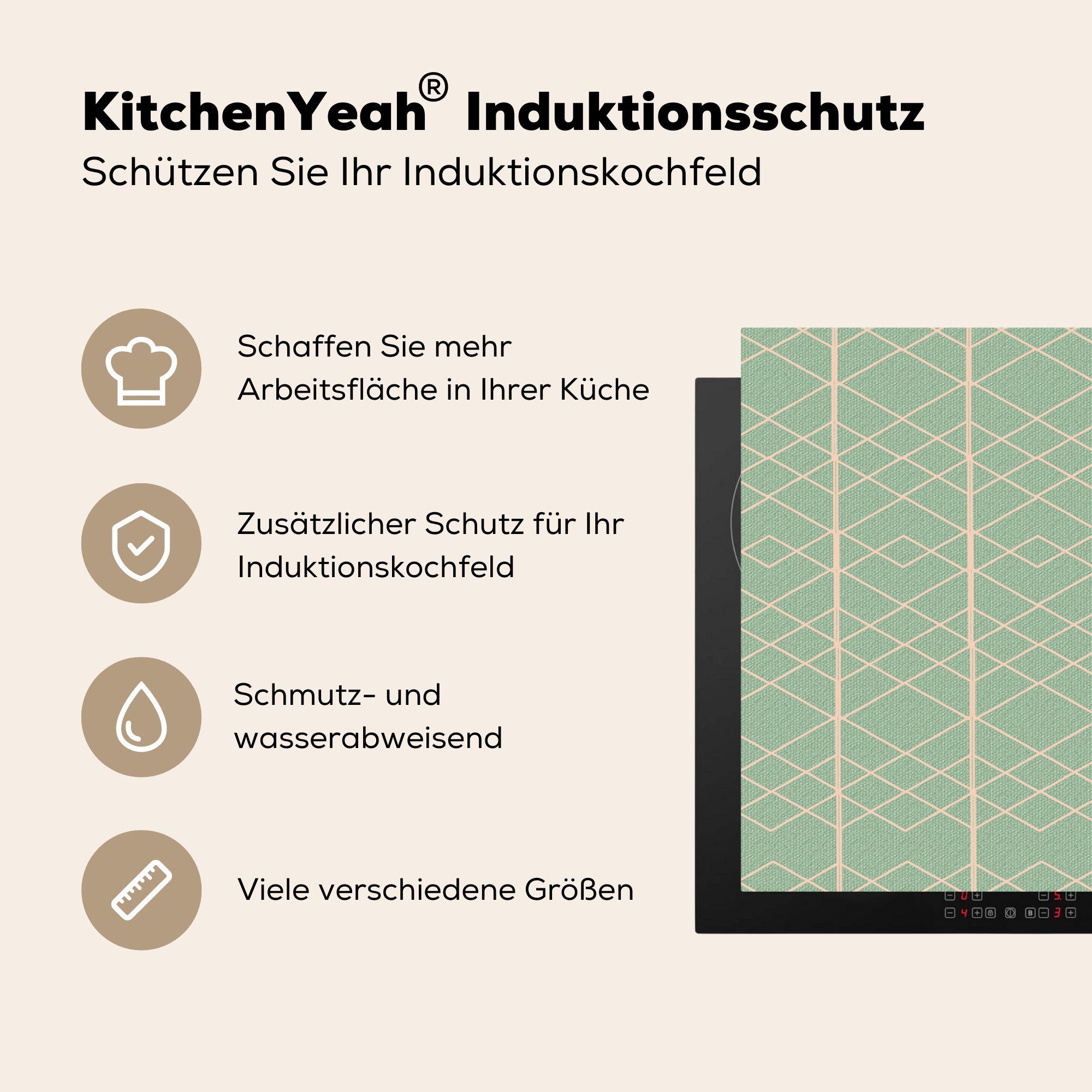 cm, für 81x52 Luxus MuchoWow - Schutz Herdblende-/Abdeckplatte die - Induktionskochfeld (1 Grün, Vinyl, Muster küche, - Ceranfeldabdeckung Linie tlg),