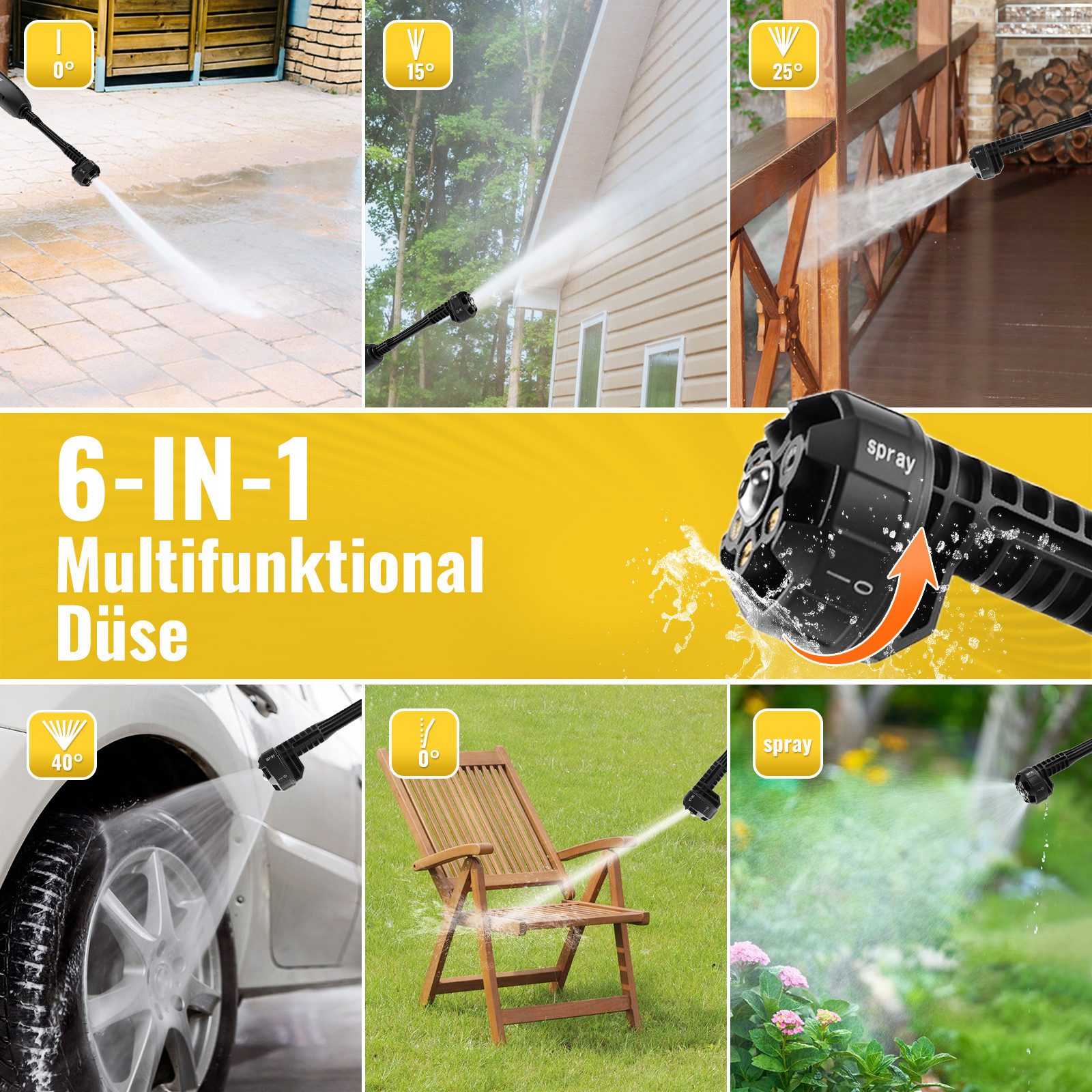 CONENTOOL Akku-Hochdruckreiniger 21V Hochdruckreiniger, Geräuscharmer Betrieb, Druck max: 14 bar, 150 W, Fördermenge max: 210 l/h, (Set), mit Schaumkanne, 2000mAh Akku für Auto Garten Haushalt