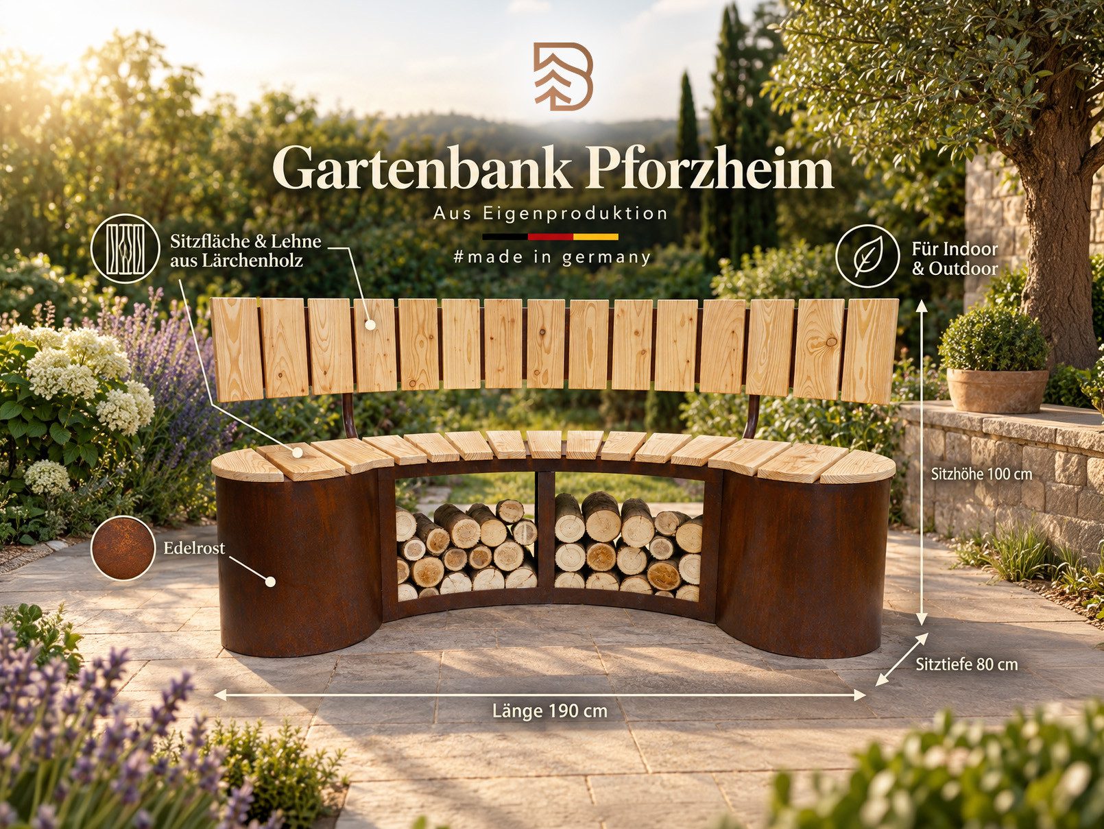 BADEKO Gartenbank Gartenbank Pforzheim aus Lärchenholz und Edelrost/Cortenstahl, Sitzfläche aus unbehandeltem Lärchenholz