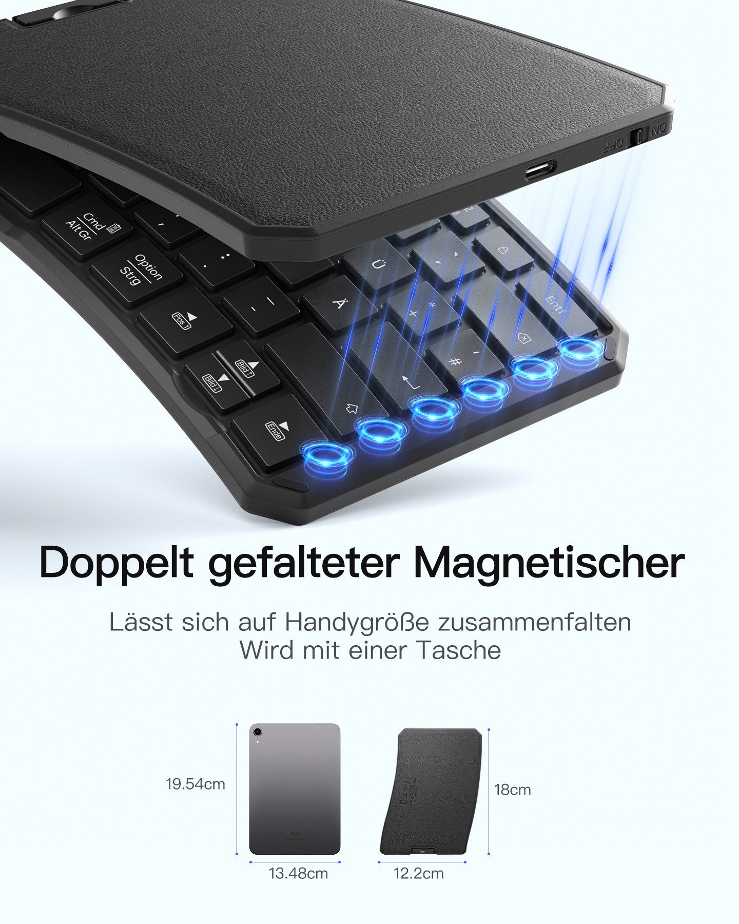 Inateck Faltbare Tastatur Ergonomische, Dual-Fold Magnetic, mit 3 BT Wireless-Tastatur (für Windows, iPad OS, Android, iOS)
