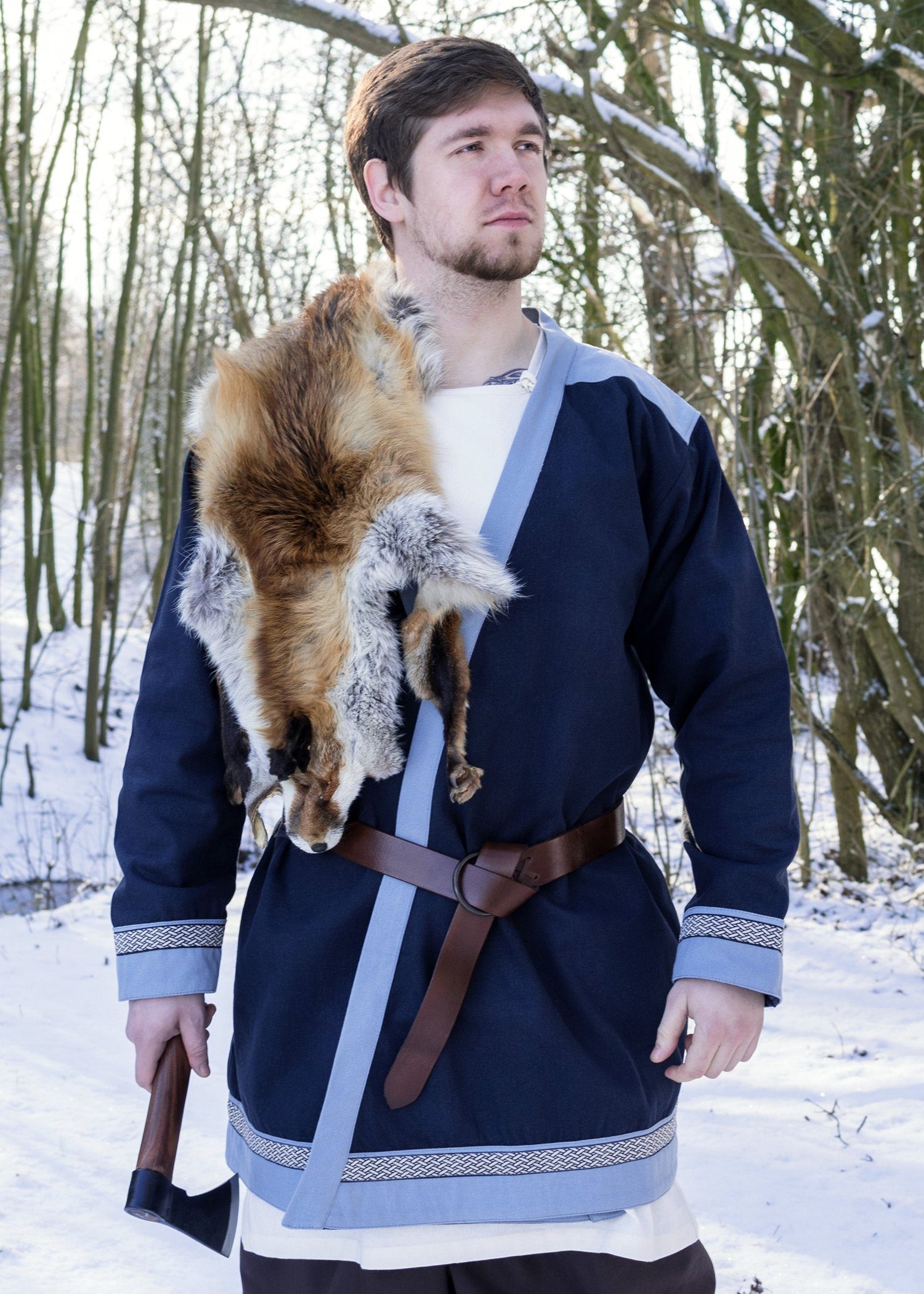 Wikinger-Kostüm Klappenrock Bjorn, Wikinger-Mantel mit Borte, dunkelblau M
