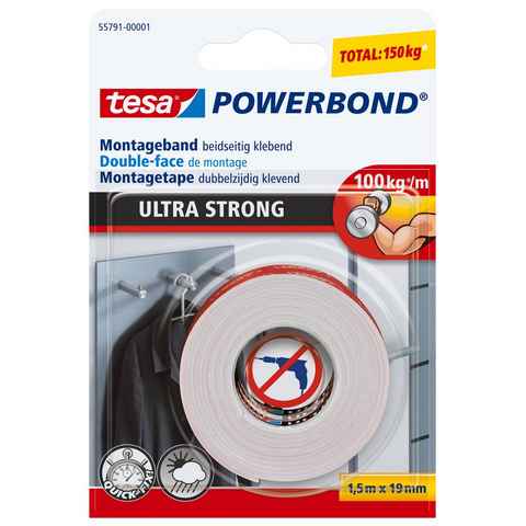 tesa Doppelklebeband POWERBOND Ultra Strong Doppelseitiges Klebeband (Packung, 1-St) extra stark klebend - 1,5 m : 19 mm