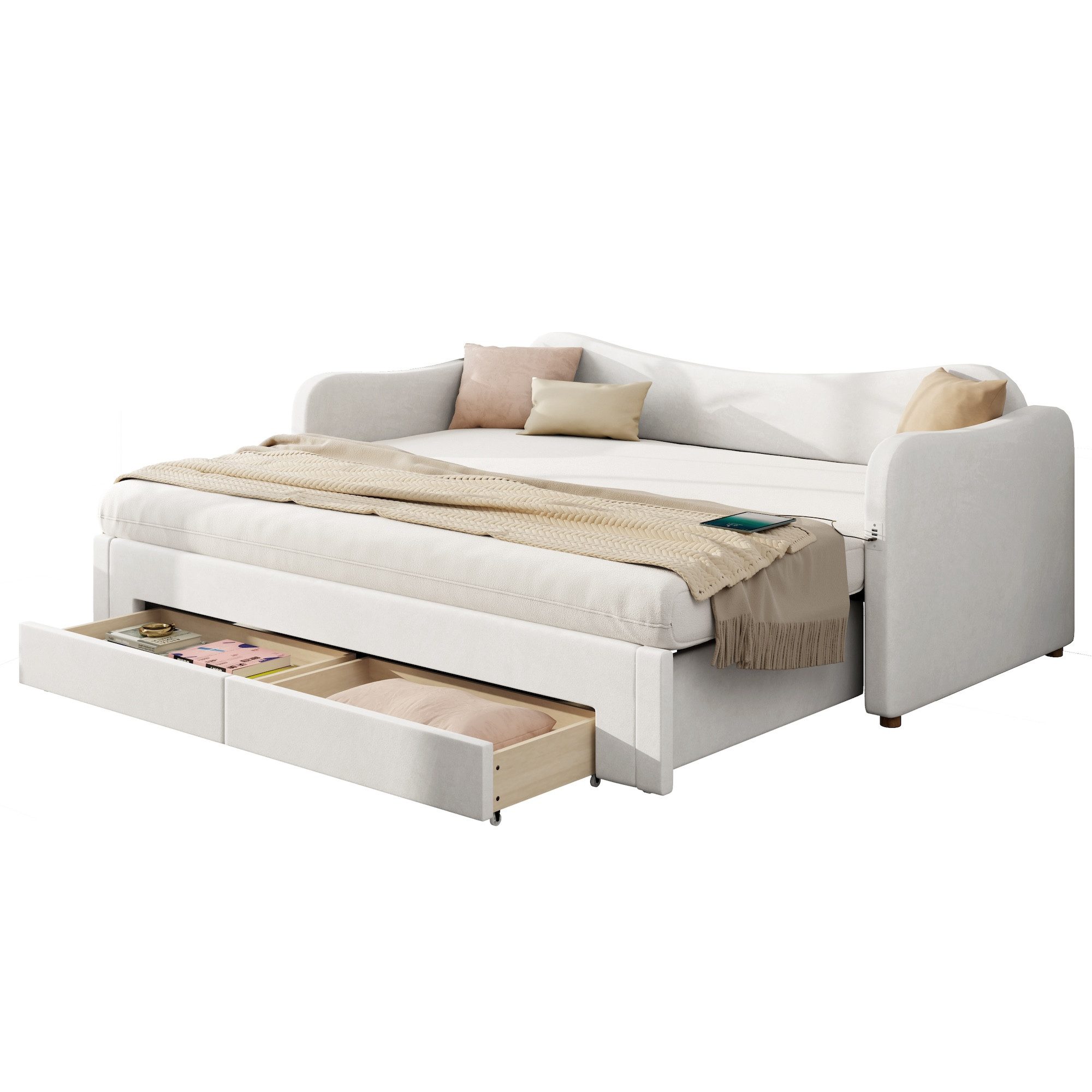 SOFTWEARY Schlafsofa mit Bettfunktion, 90x200cm/180x200cm, mit Schubladen, Lattenrost, USB und Type-C, Liegefläche erweiterbar, Polsterbett, Samt