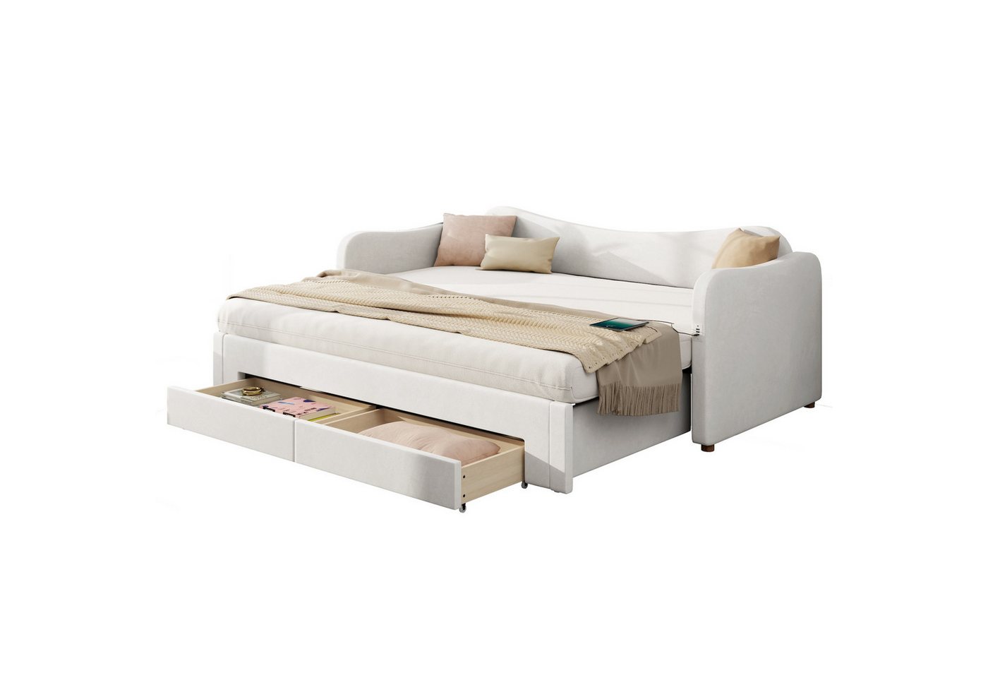 SOFTWEARY Schlafsofa mit Bettfunktion, 90x200cm/180x200cm, mit Schubladen, Lattenrost, USB und Type-C, Liegefläche erweiterbar, Polsterbett, Samt