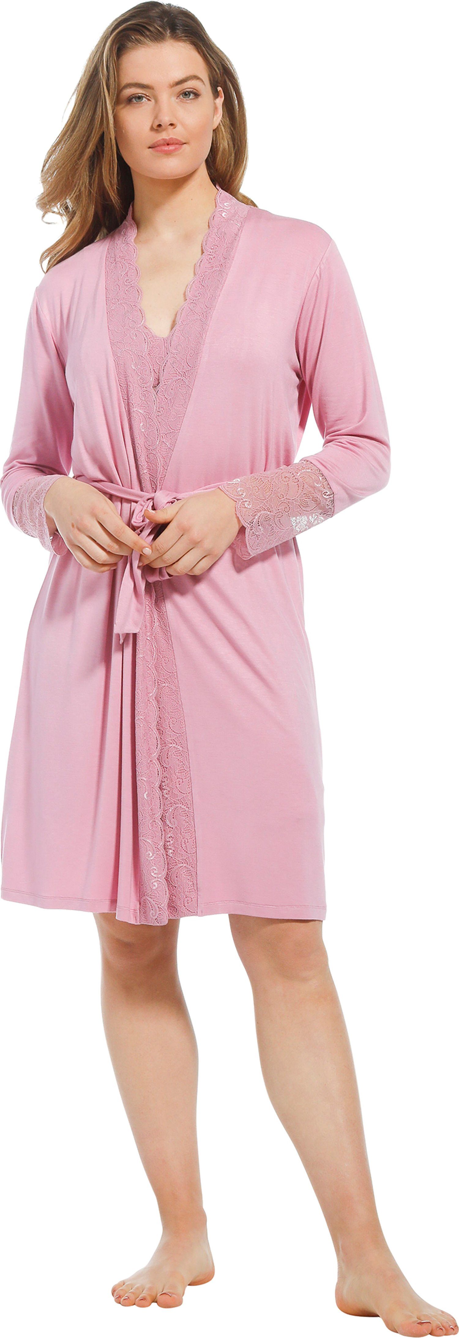 schön Pastunette Kimono Damen Morgenmantel mit Viskosemischung, Kimono-Kragen, pink Spitze, kurz, light Edles Design Gürtel