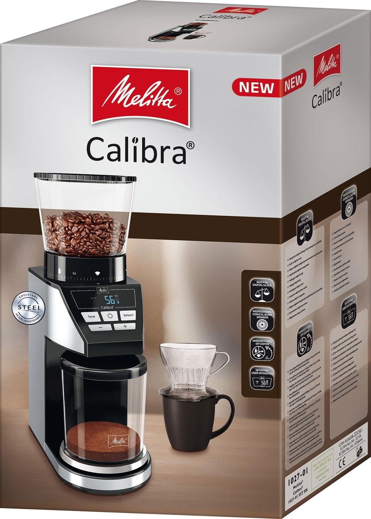 W, 1027-01 Calibra 375 Kegelmahlwerk, Kaffeemühle g 160 Melitta schwarz-Edelstahl, Bohnenbehälter