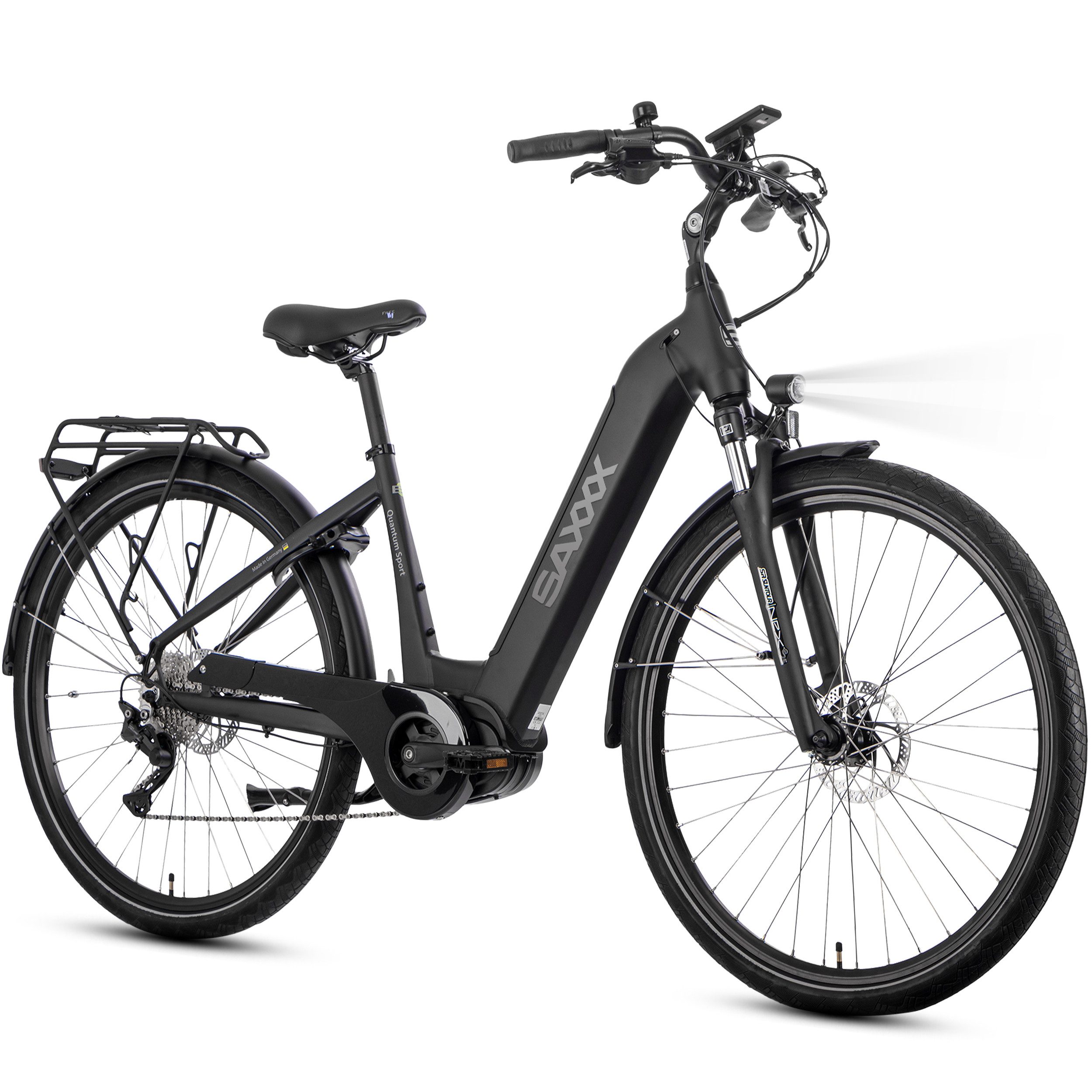 SAXXX E-Bike Trekkingrad Damen u. Herren 28'' SAXXX QSW, 540Wh, 60-100m, hydr. Scheibenbremsen, 10 Gang SHIMANO Deore Schaltwerk, Kettenschaltung, Mittelmotor, 540 Wh, (mit entnehmbarem Akku, mit Akku-Schlüssel, mit Gepäckträger), 25km/h, Pedelec E-Trekkingrad mit Tiefeinstieg, 130kg