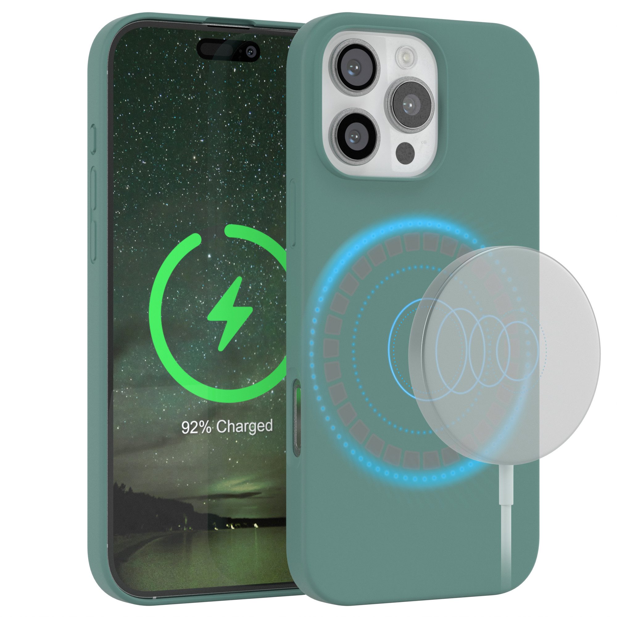 EAZY CASE Handyhülle Silikonhülle mit MagSafe für iPhone 16 Pro Max 6,9 Zoll, Smart Slimcover Displayschutz Handycover Hülle mit MagSafe Dunkelgrün