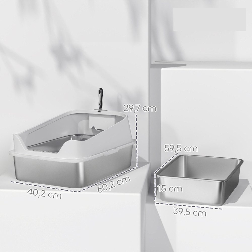 FANNOU Katzentoilette für große Katzen bis 7 kg, 60,2 x 40,2 x 29,7 cm, Edelstahl Offene Katzenklo mit Schaufel hohem Rand