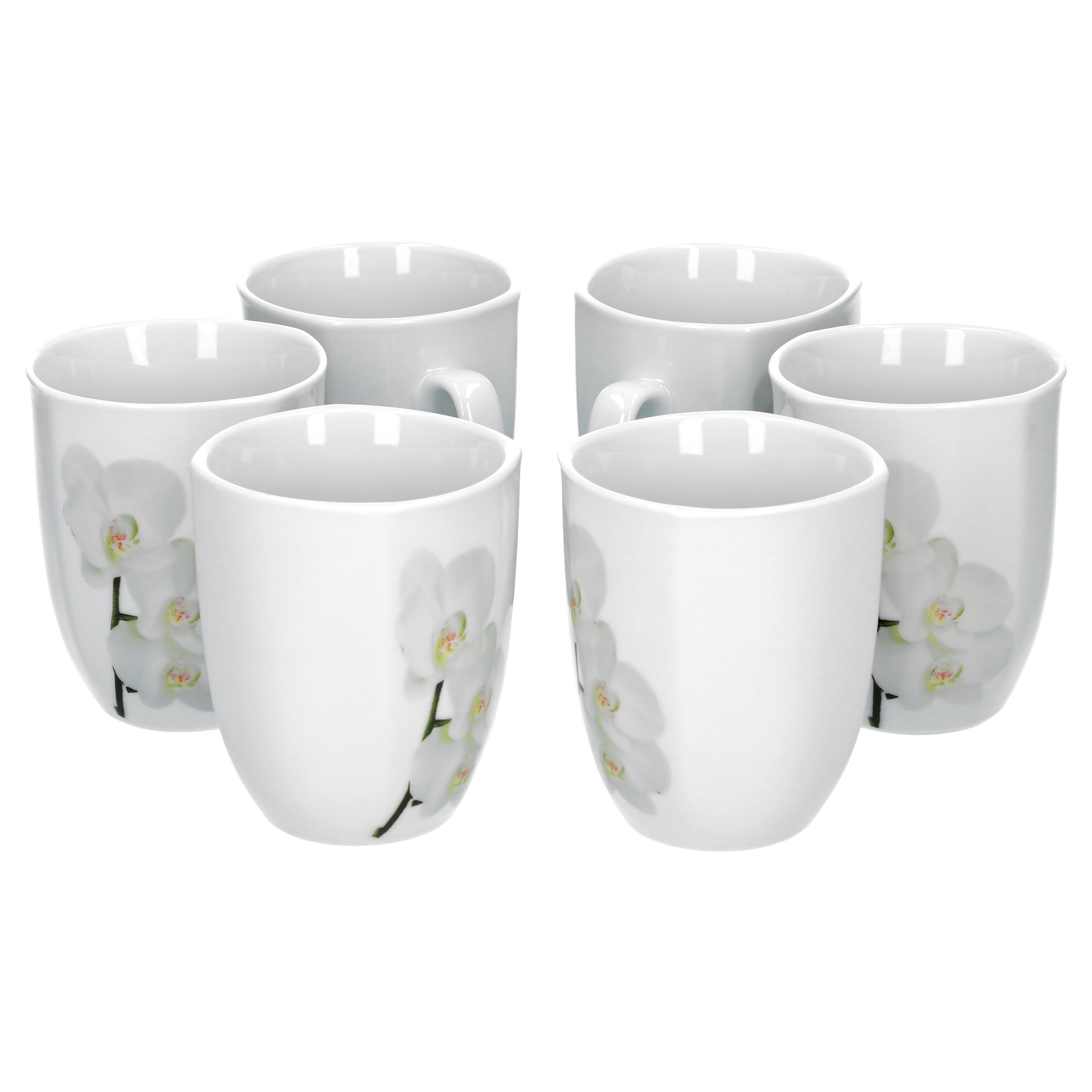 van Well Becher 6er Set Kaffeebecher Vanda weiße Orchidee 33cl, Porzellan