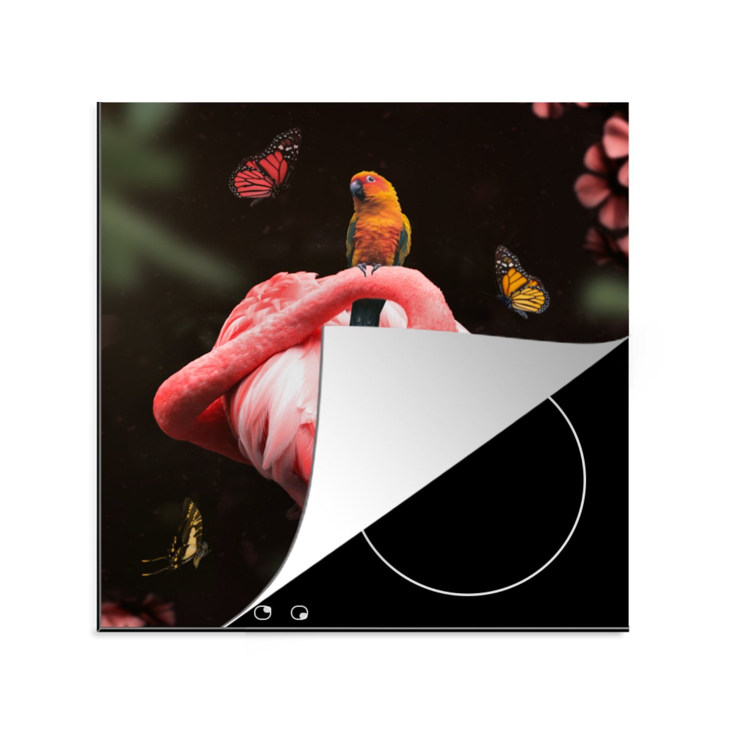 Ceranfeldabdeckung, - Arbeitsplatte Herdblende-/Abdeckplatte Natur, (1 - tlg), 78x78 cm, Vinyl, küche Flamingo Tiere für MuchoWow