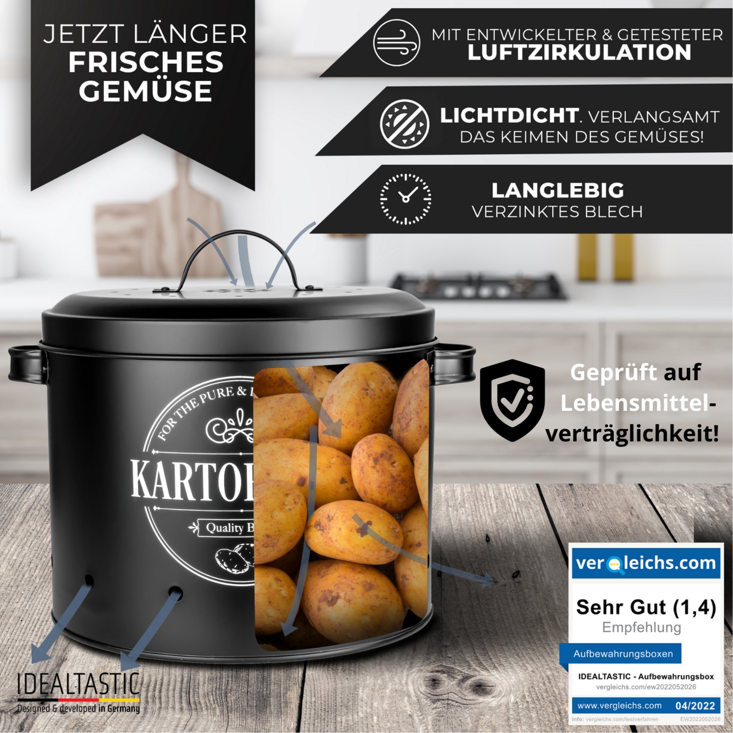 IDEALTASTIC Vorratsdose Premium Kartoffel Aufbewahrung, Zwiebel, Knoblauch Aufbewahrungsbox, Legirter Stahl, langlebig, Extra leicht, (Set, 3-tlg., 3-teiliges S – Bild 2 von 5