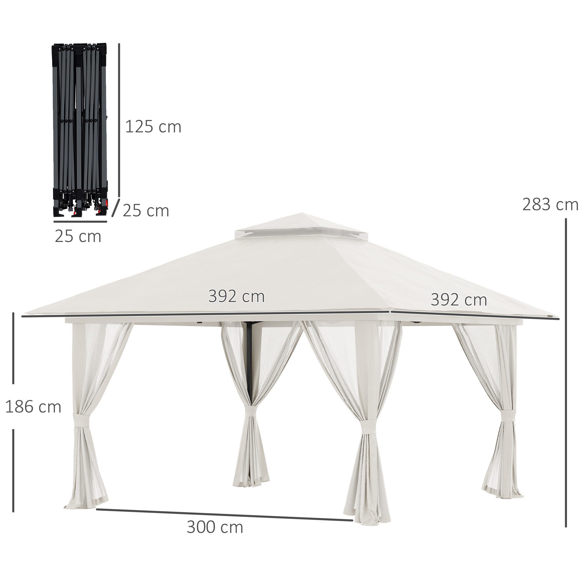 Outsunny Faltpavillon ca. 4 x 4 m Pavillon mit 4 Netzvorhängen, Gartenpavillon mit UV-Schutz, mit 4 Seitenteilen, (Bierzelt, Partyzelt), für Garten, Balkon, Cremeweiß