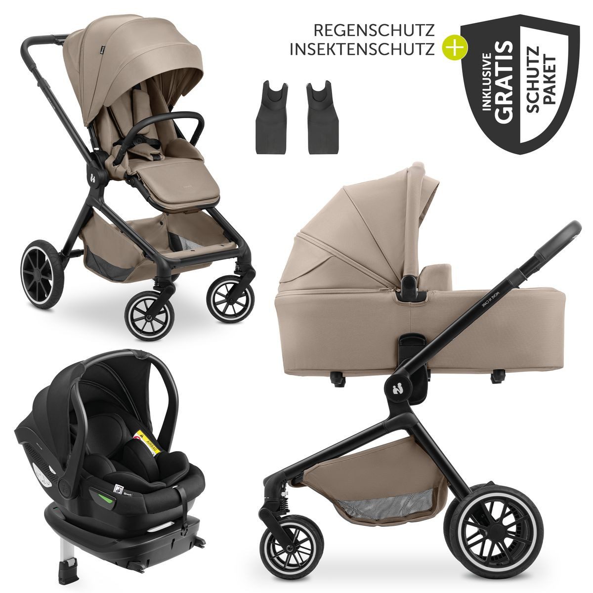 Hauck Kombi-Kinderwagen Move N Care Trio Set - Mocha, 4in1 Kinderwagen Set mit Babywanne, Babyschale, Isofix Base & Zubehör