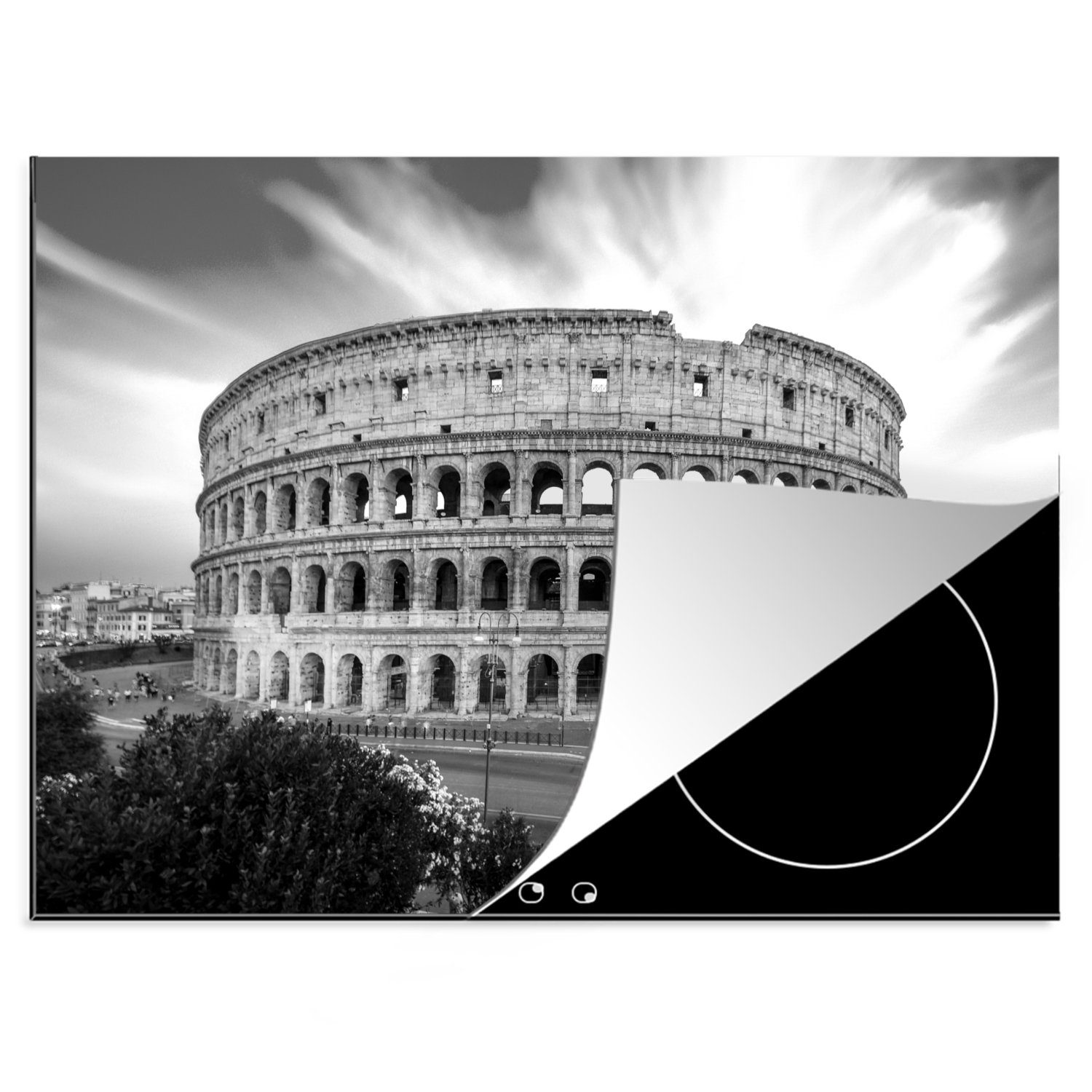MuchoWow Herdblende-/Abdeckplatte Kolosseum Rom bei Sonnenuntergang - schwarz und weiß, Vinyl, (1 tlg), 70x52 cm, Mobile Arbeitsfläche nutzbar, Ceranfeldabdeckung