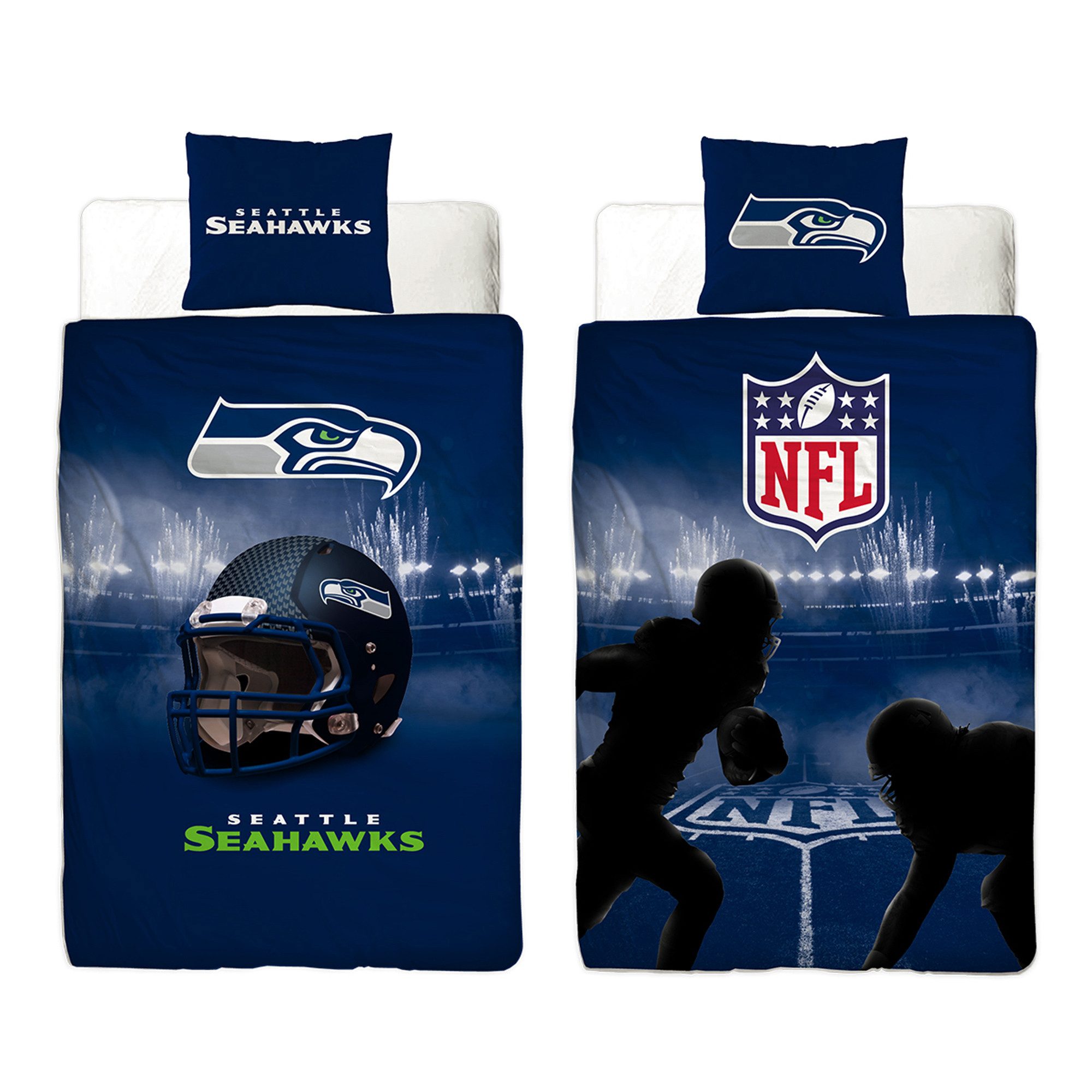 BERONAGE Wendebettwäsche NFL American Football Bettwäsche Seattle Seahawks Linon / Renforcé, 100% Baumwolle, 2 teilig, 135x200 + 80x80 cm