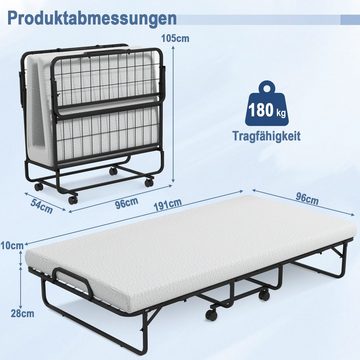 COSTWAY Gästebett klappbar, 191 x 96cm, Schaumstoffmatratze, Rollen, 180kg