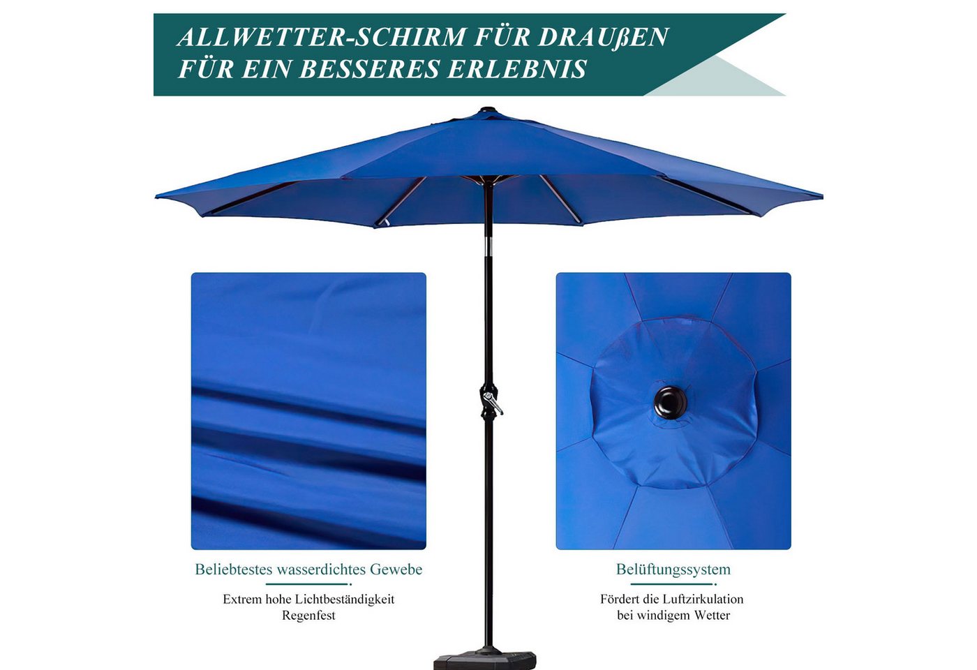 Thumbnail - SURFOU Sonnenschirm Ø 274 cm Strand Balkonschirm Gartenschirm Marktschirm, Kurbelvorrichtung Kurbelschirm 360°Funktion U...