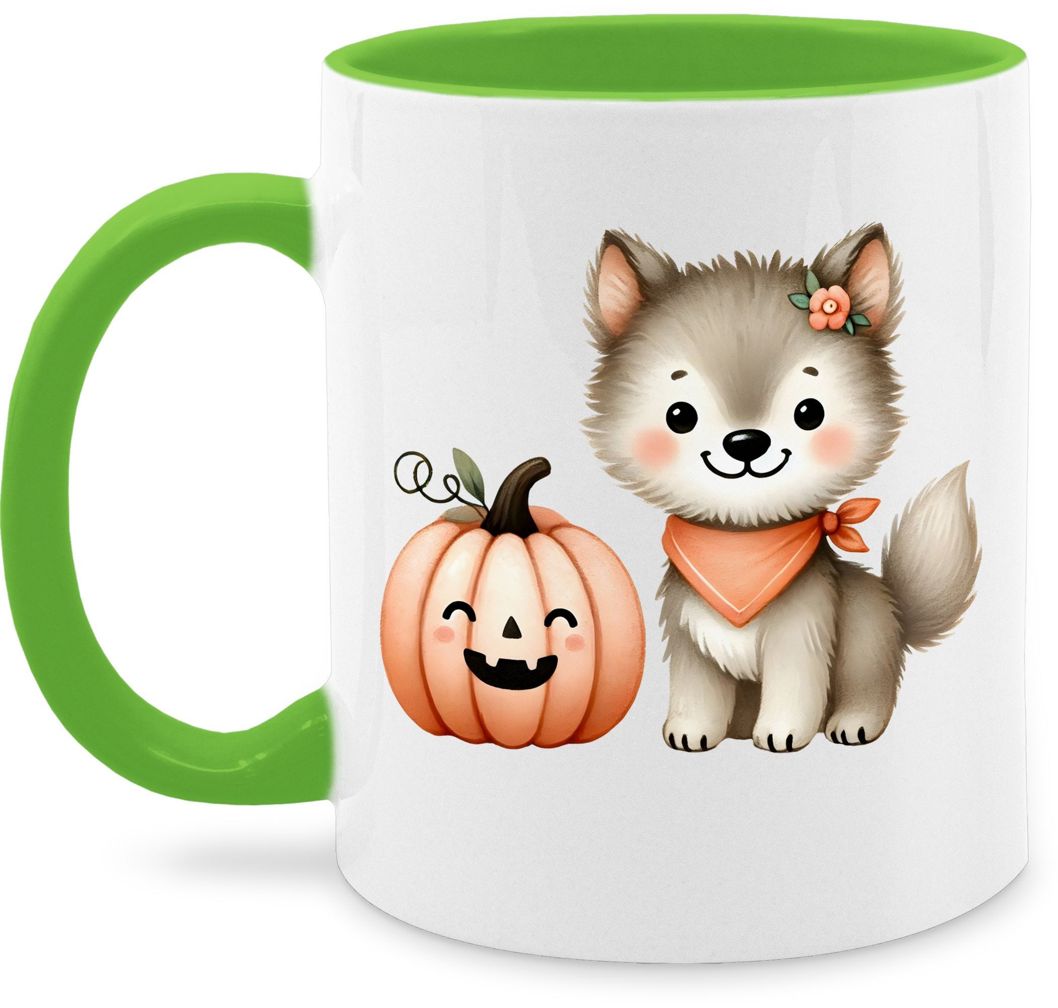 Shirtracer Tasse Süßer Wolf mit Kürbis, Halloween Wolf, Lustiges Herbst Motiv für Kin, Keramik, Halloween Tassen
