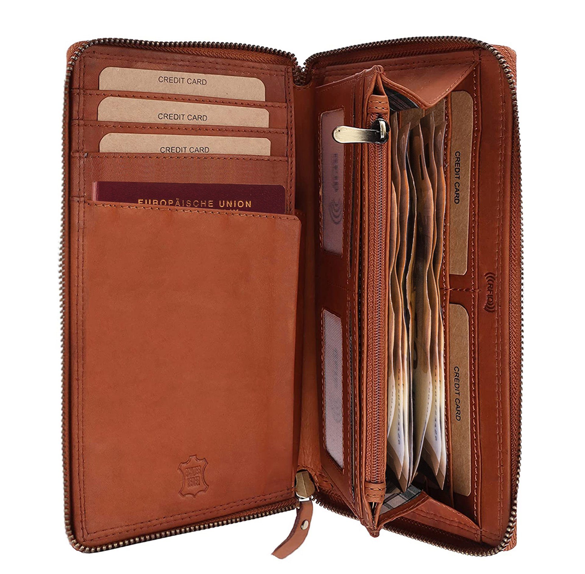 Benthill Brieftasche Echt Leder Reisebrieftasche Dokumententasche RFID Organizer Mappe, RFID-Schutz Kartenfächer Münzfach Reißverschlussfach