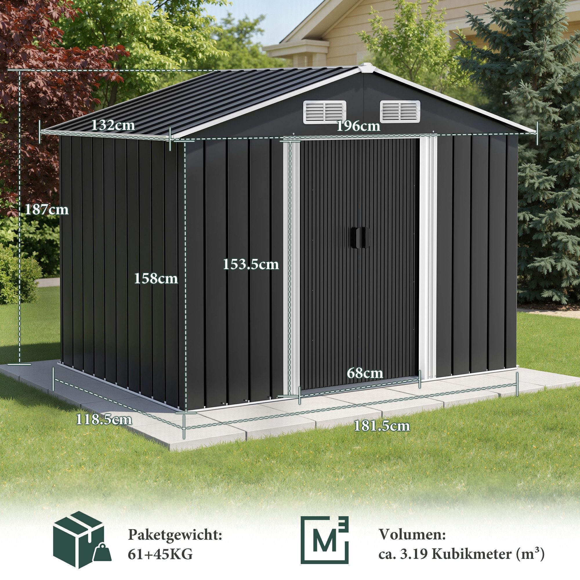 AMERLIFE Gerätehaus Metall-Gartenhaus, Lagerhaus & Gartenschuppen mit Schiebetür, BxT: 196x132 cm, (1 St), stabiler Metall-Geräteschrank, Wetterschutz, 196x132x187cm