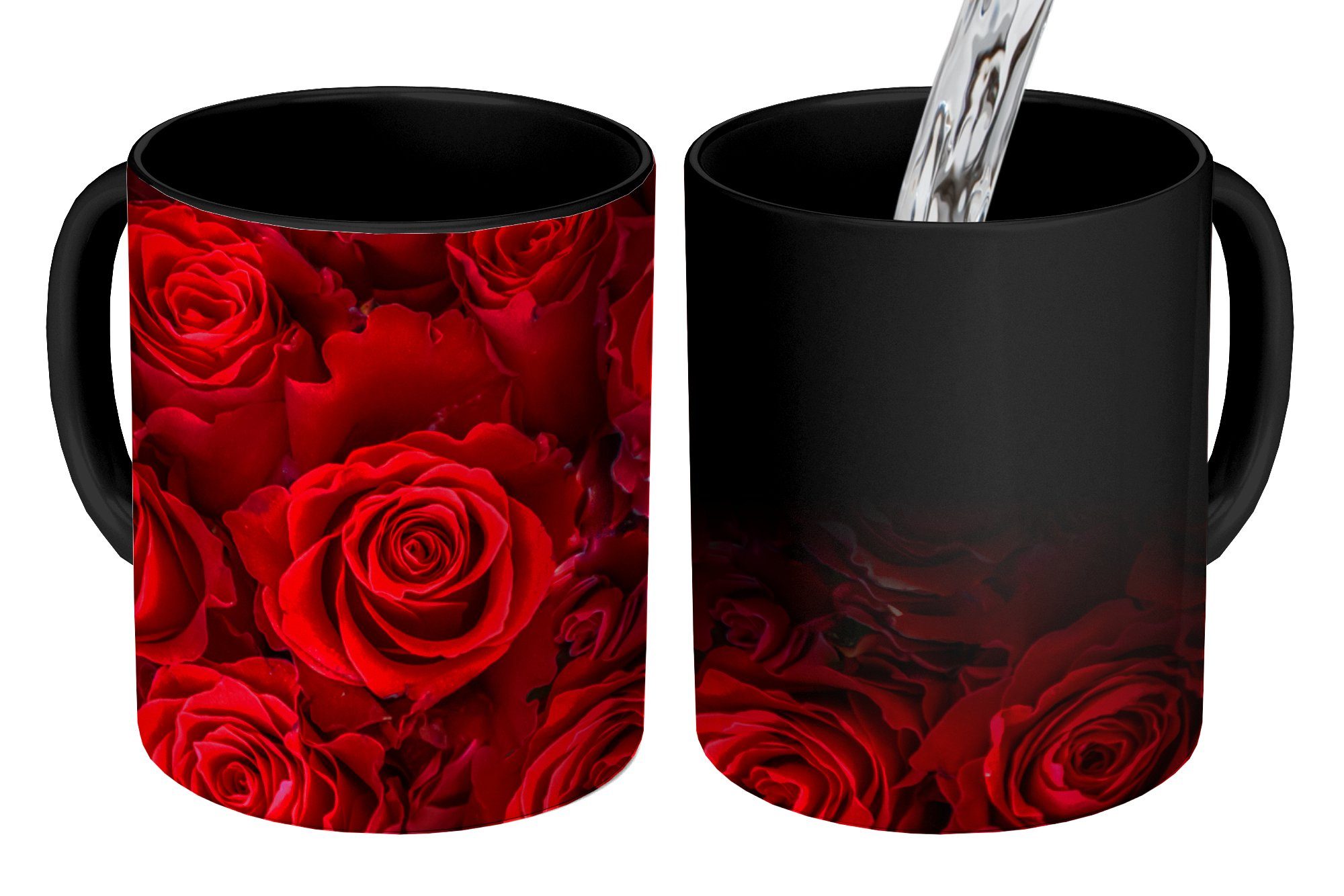 Blumen Zaubertasse, Kaffeetassen, - Rot, - Geschenk MuchoWow Teetasse, Tasse Keramik, Rosen Farbwechsel,