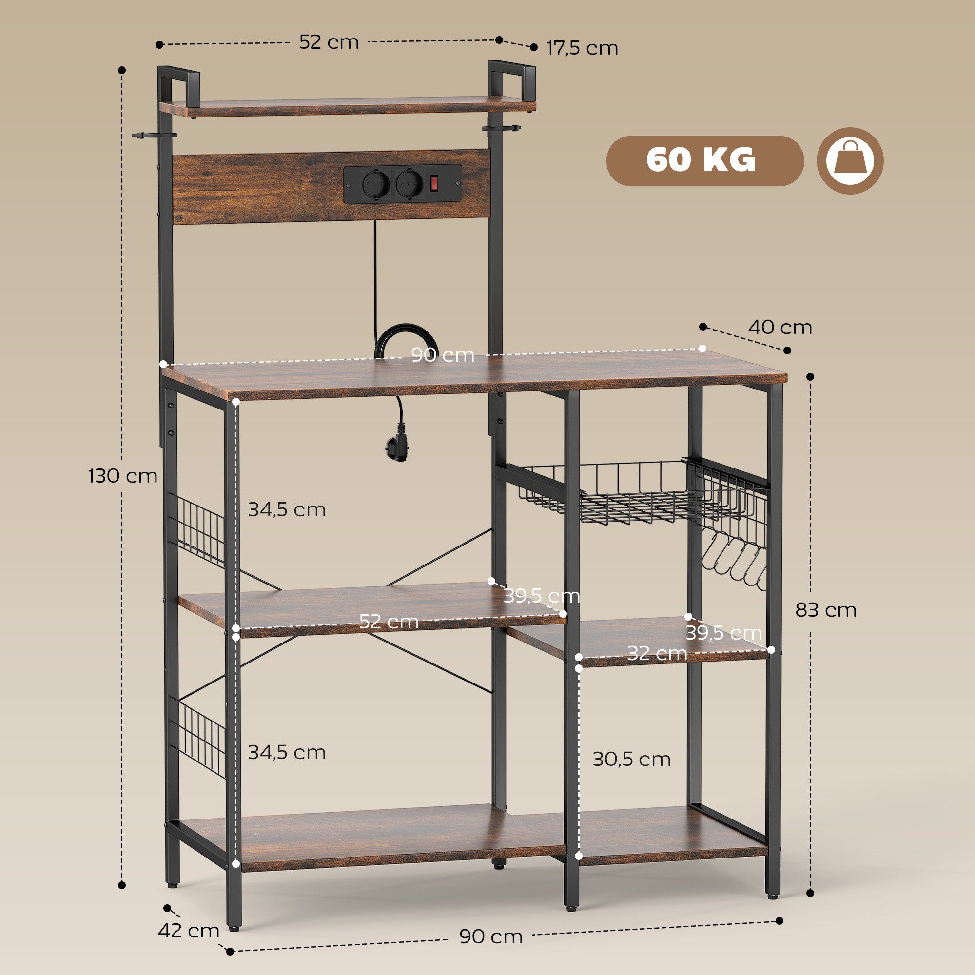 HOMCOM Küchenregal Bäckerregal mit Korb, Verstellbare Ebenen, Kaffeebar aus Stahl, Standregal 1-tlg., Mit Steckdosen und 5 Haken, Rustikal-Braun