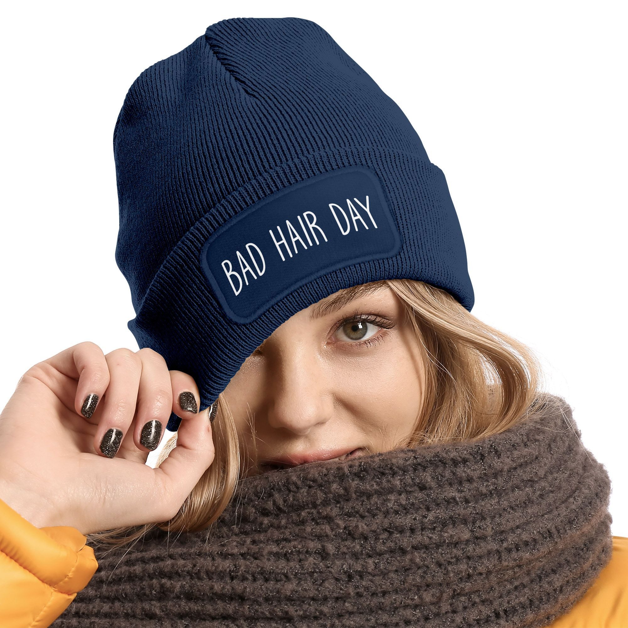 MoonWorks Strickmütze Damen Beanie mit Patch Bad Hair Day Haare Strickmütze mit Spruch