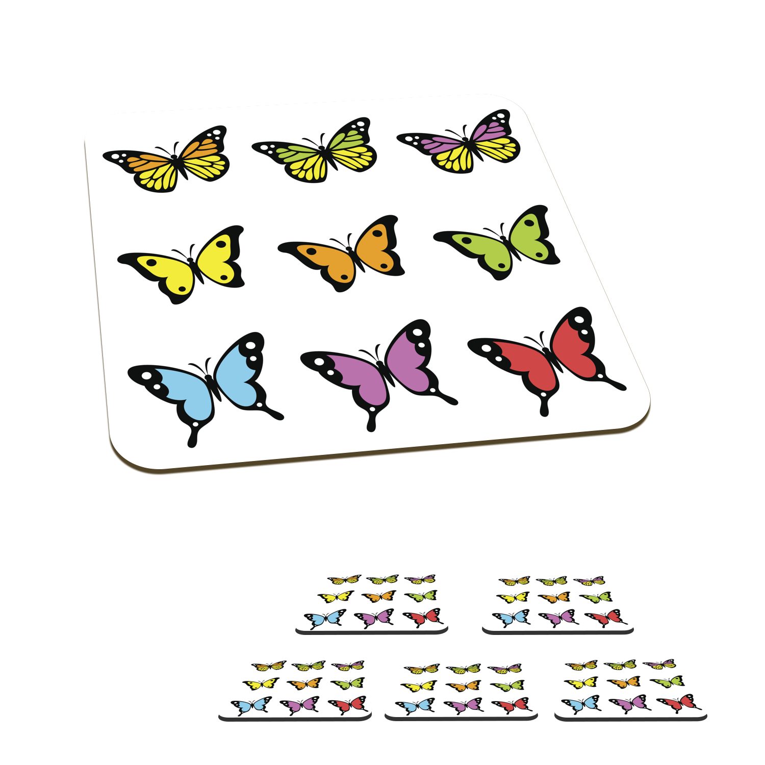 MuchoWow Glasuntersetzer Eine Illustration von neun Schmetterlingen auf einem weißen, Zubehör für Gläser, 6-tlg., Glasuntersetzer, Tischuntersetzer, Korkuntersetzer, Untersetzer, Tasse