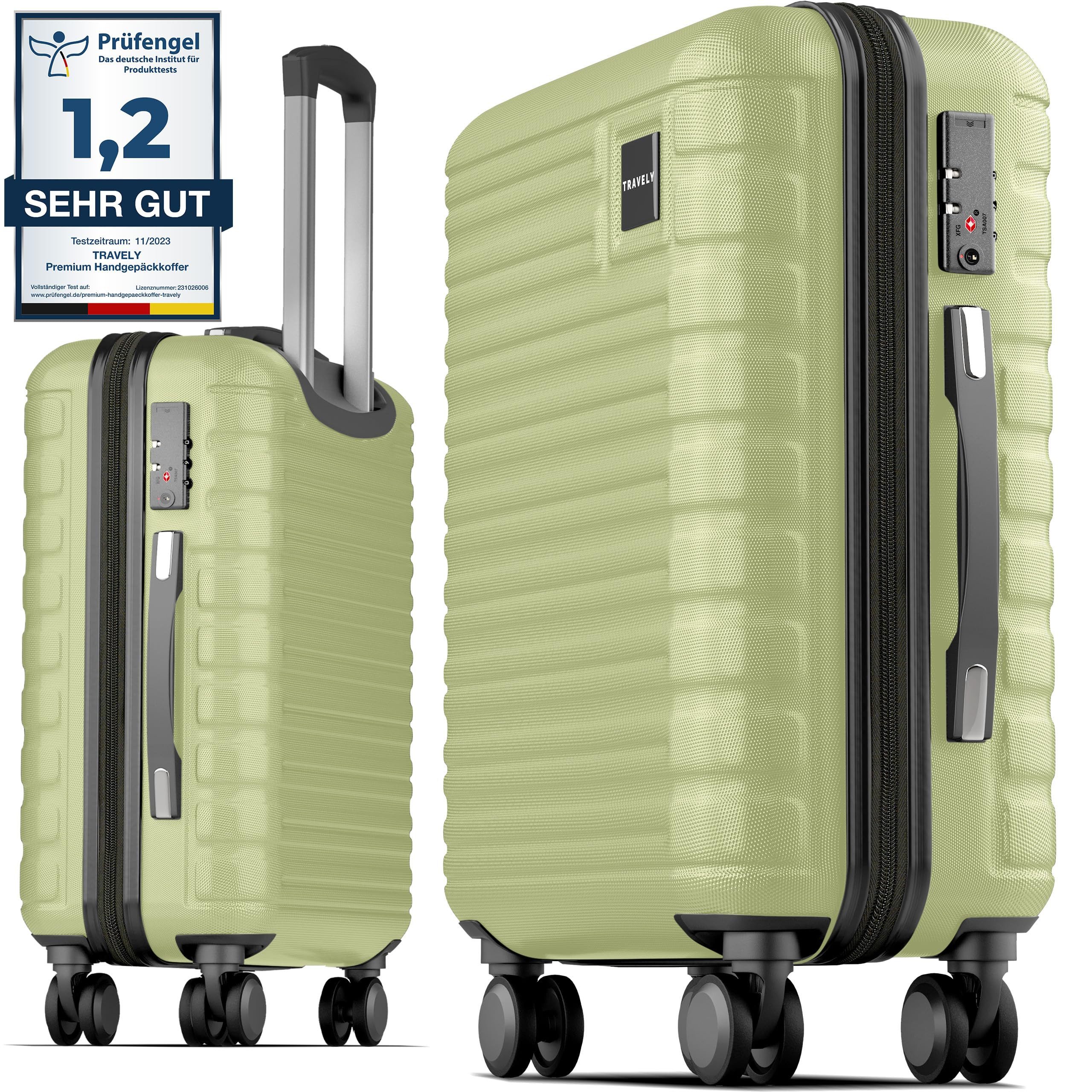 Travely Koffer Polycarbonat Handgepäck Koffer 55x40x20cm - für Ryanair Lufthansa etc, 4 Rollen, Designed in Germany, austauschbare Griffe und Rollen