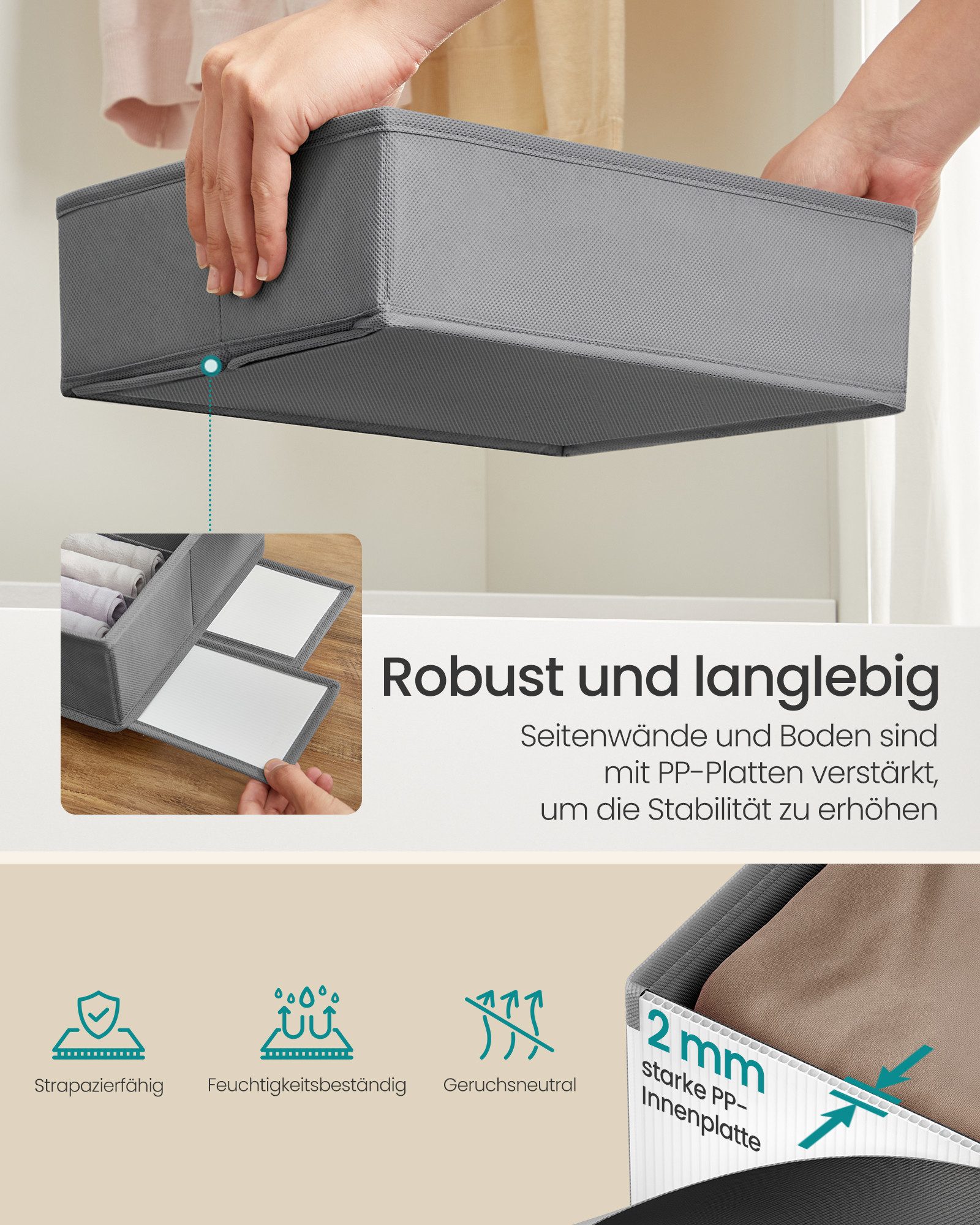 SONGMICS Aufbewahrungsbox Schubladen-Organizer, faltbar, Schrank-Organizer, für Unterwäsche und Socken, 15/19 x 41 x 10 cm, Schrank-Organizer – Bild 5 von 5