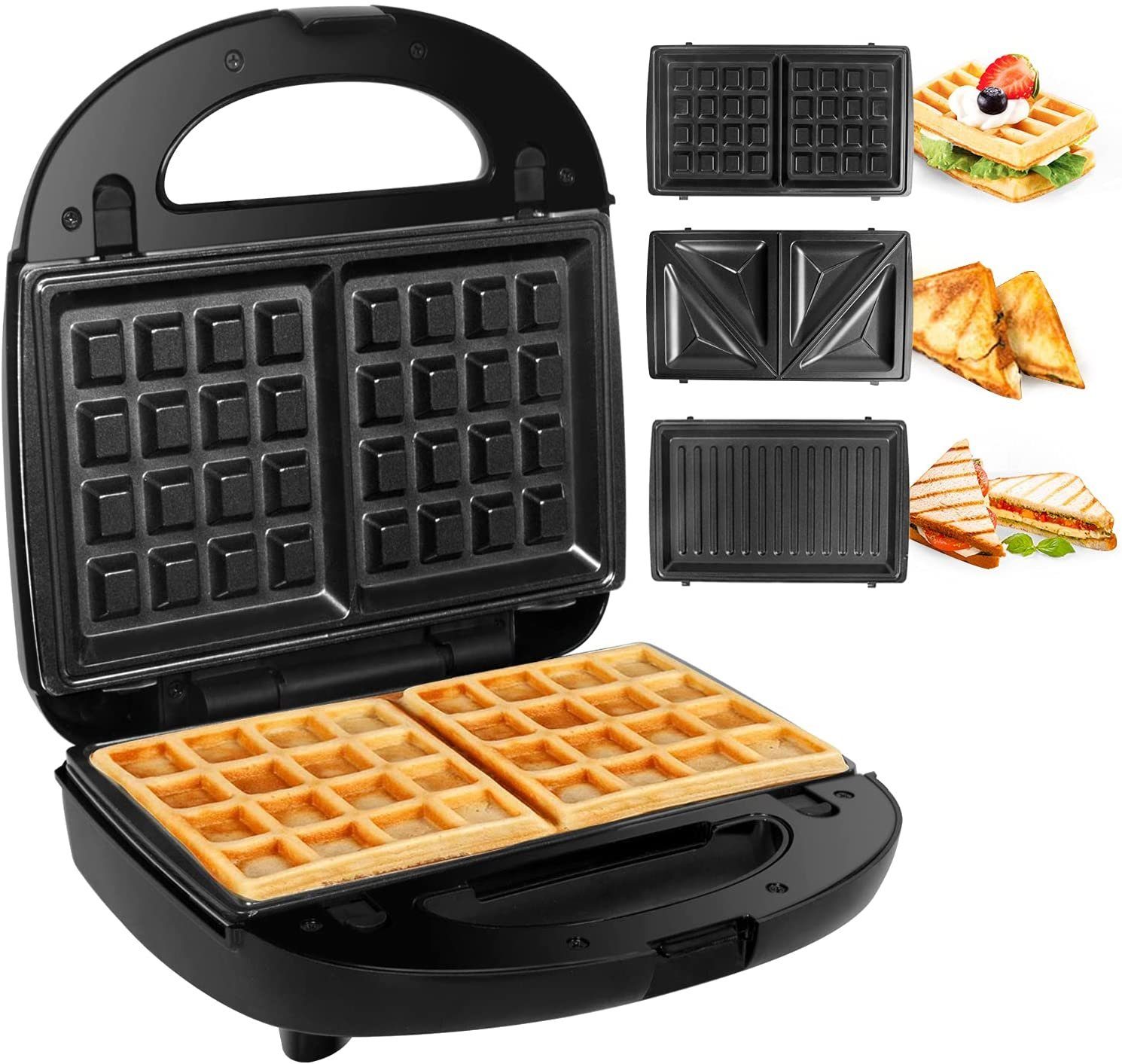 Gotoll 3-in-1-Sandwichmaker HS120N, 750 W, Вафельниці Sandwichtoaster, Grill wechselplatten, schwarz