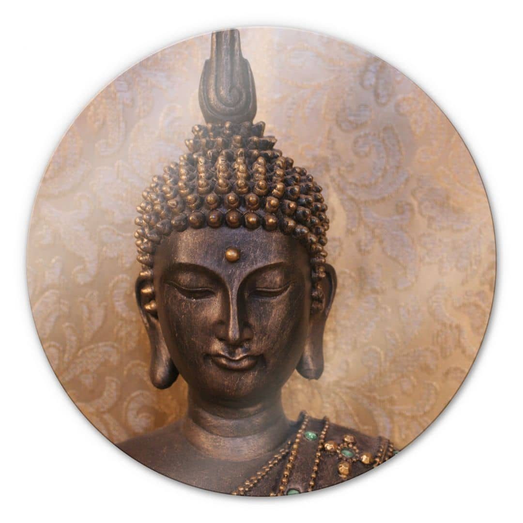 Glasbild Glas Wandbild Rund Glasbild Buddha Statue Steinfigur Fotokunst