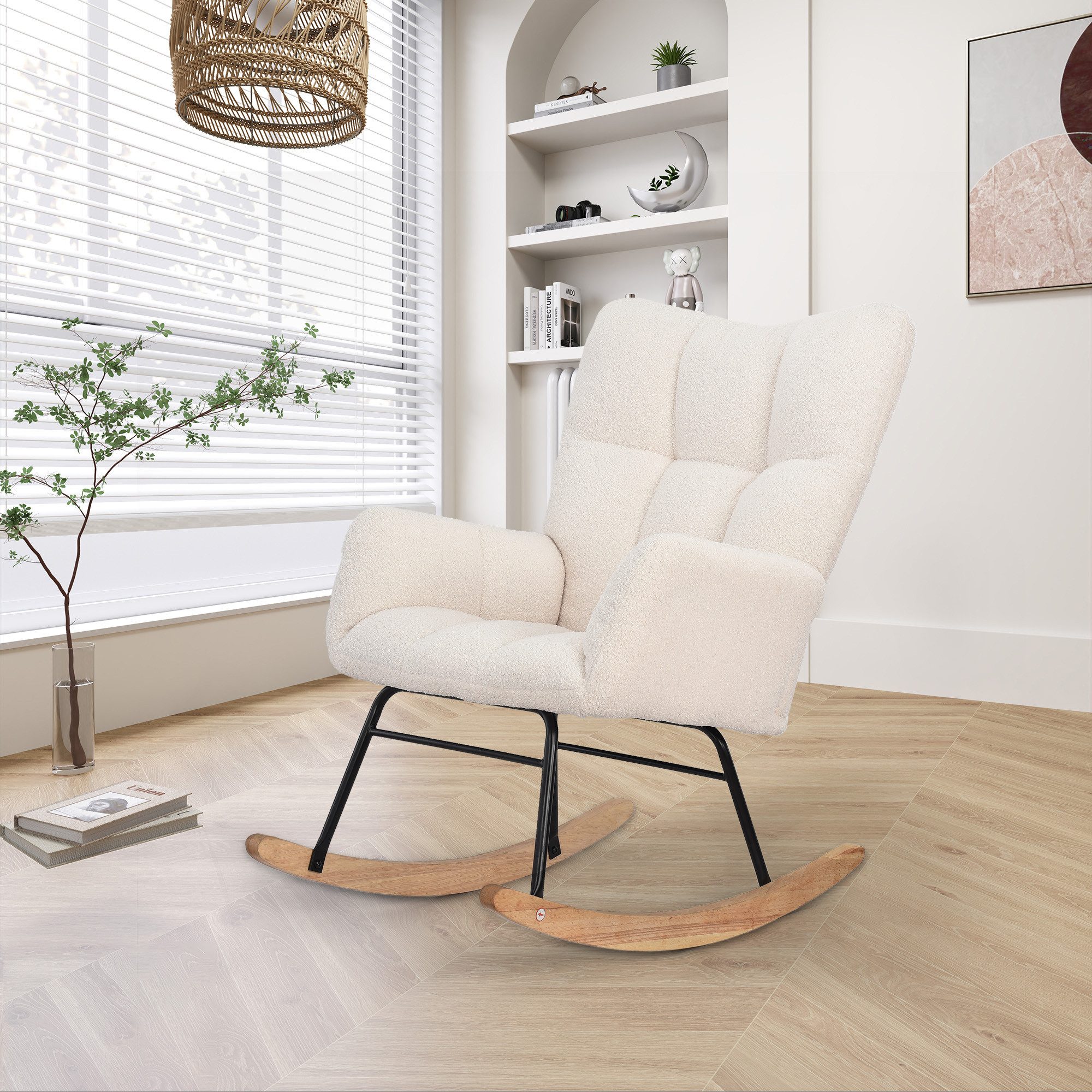 Simurq Schaukelstuhl Lammfell-Plüsch – Lounge-Sessel mit hoher Rückenlehne (Set), Ergonomische Rückenlehne, sanfte Schaukelfunktion, 150kg.