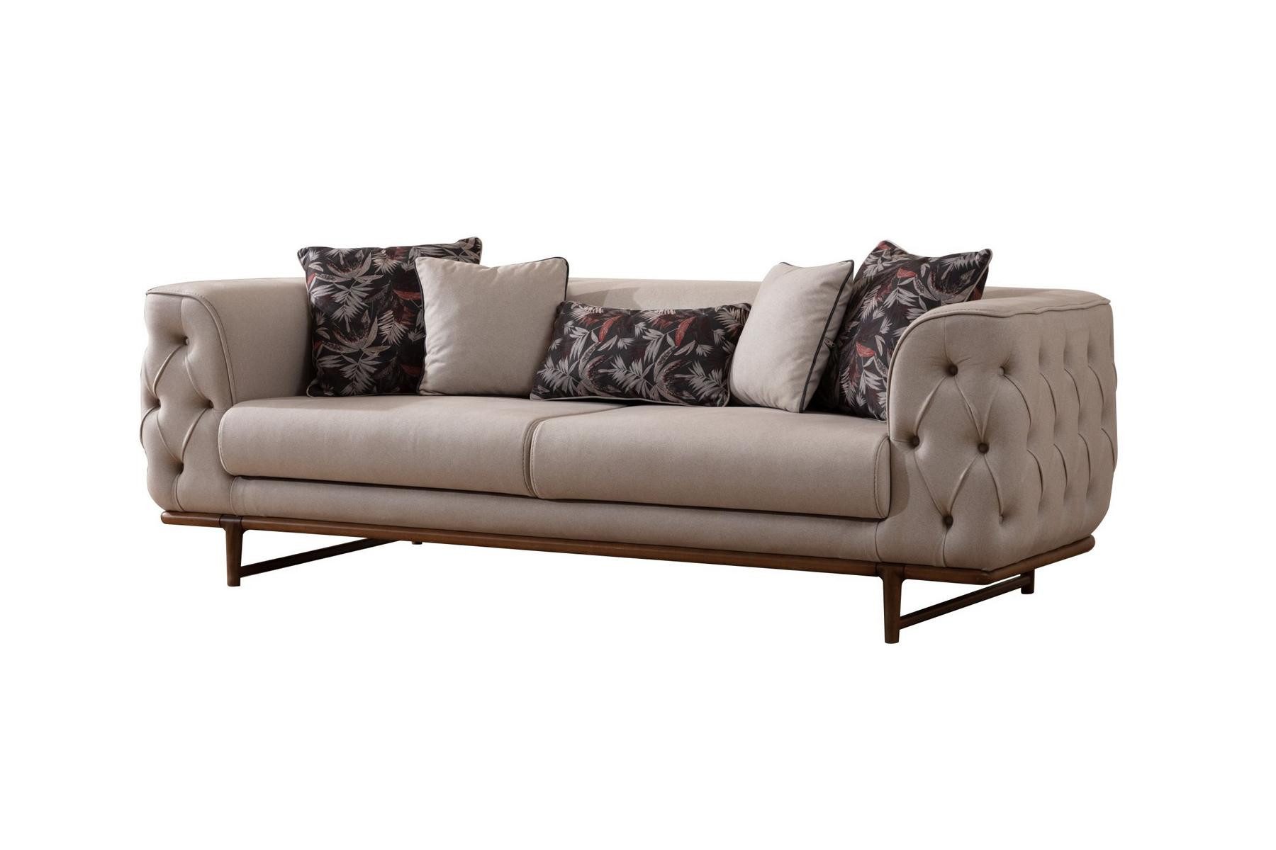 3-Sitzer Helle Chesterfield-Lounge in Beige mit edlem Holzbezug