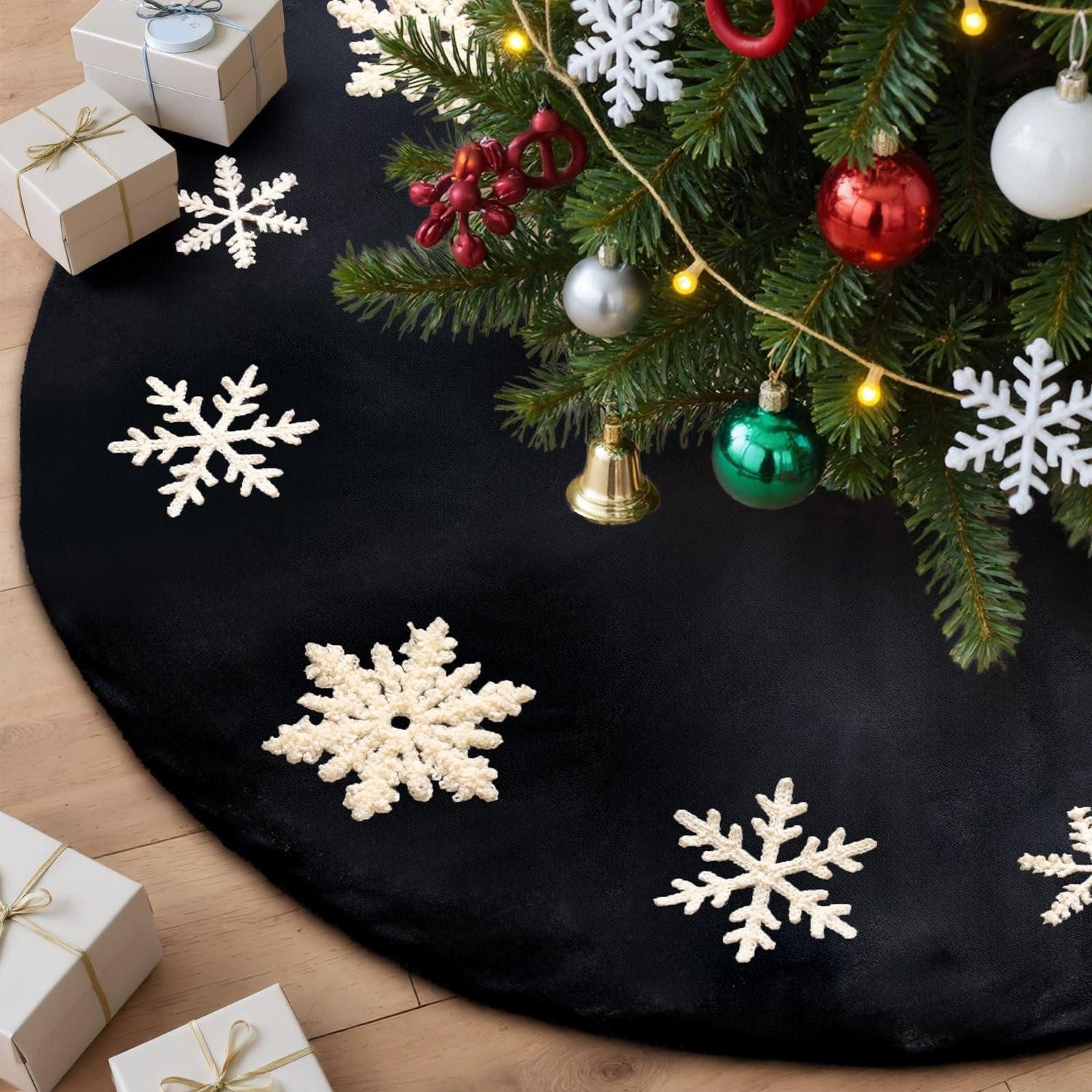 LuxusKollektion Christbaumständer Weihnachtsbaumdecke Samt Schneeflocken 40cm Schwarz