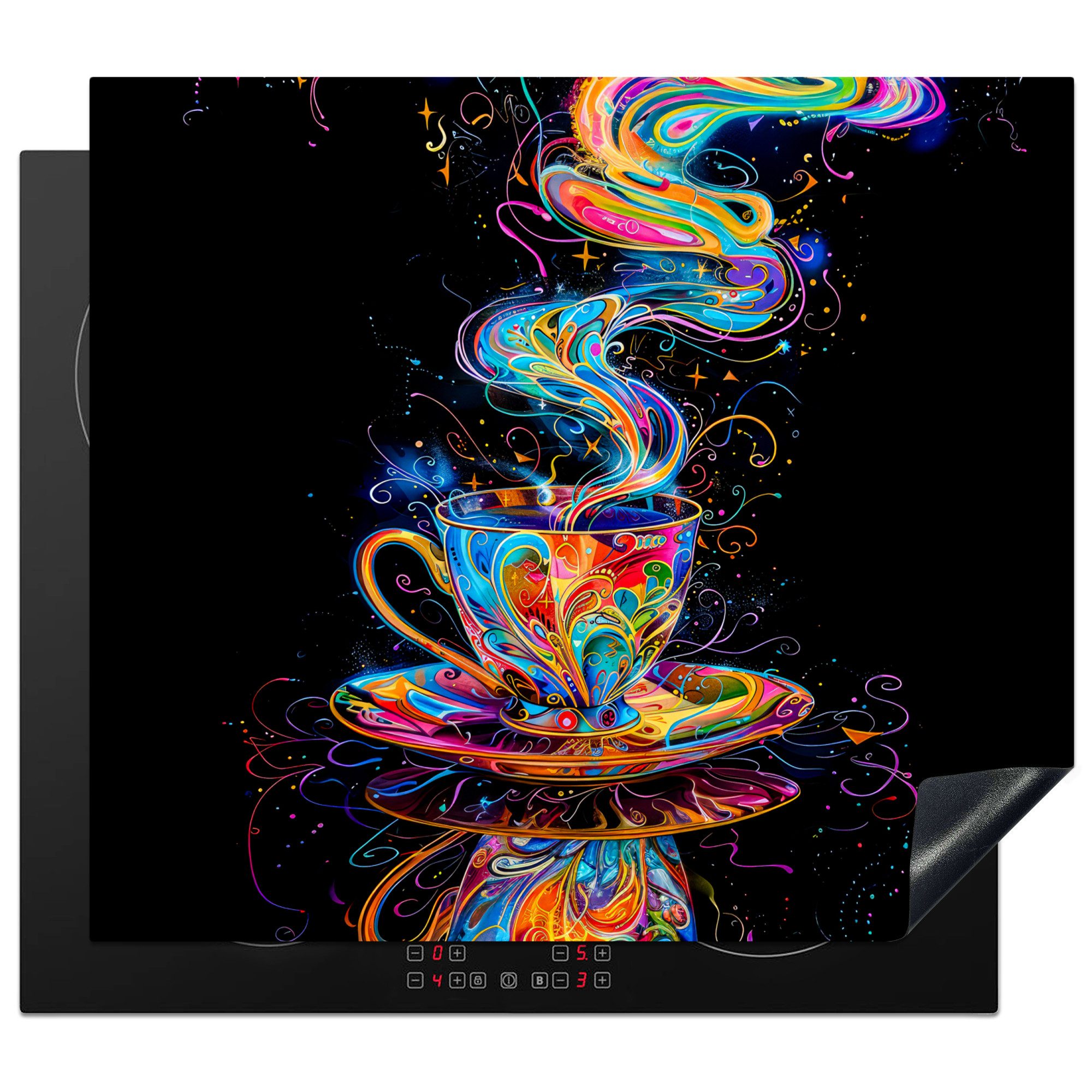 MuchoWow Herd-Abdeckplatte Kaffee - Bunt - Tasse - Schwarz, Vinyl, (1 tlg), Ceranfeldabdeckung Küche, Herdabdeckplatte Einteilig, 60x52 cm