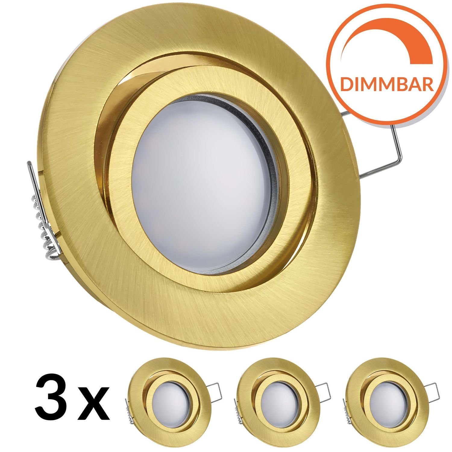 LEDANDO LED Einbaustrahler 3er LED Einbaustrahler Set EXTRA FLACH (35mm) in Gold mit LED Markenle