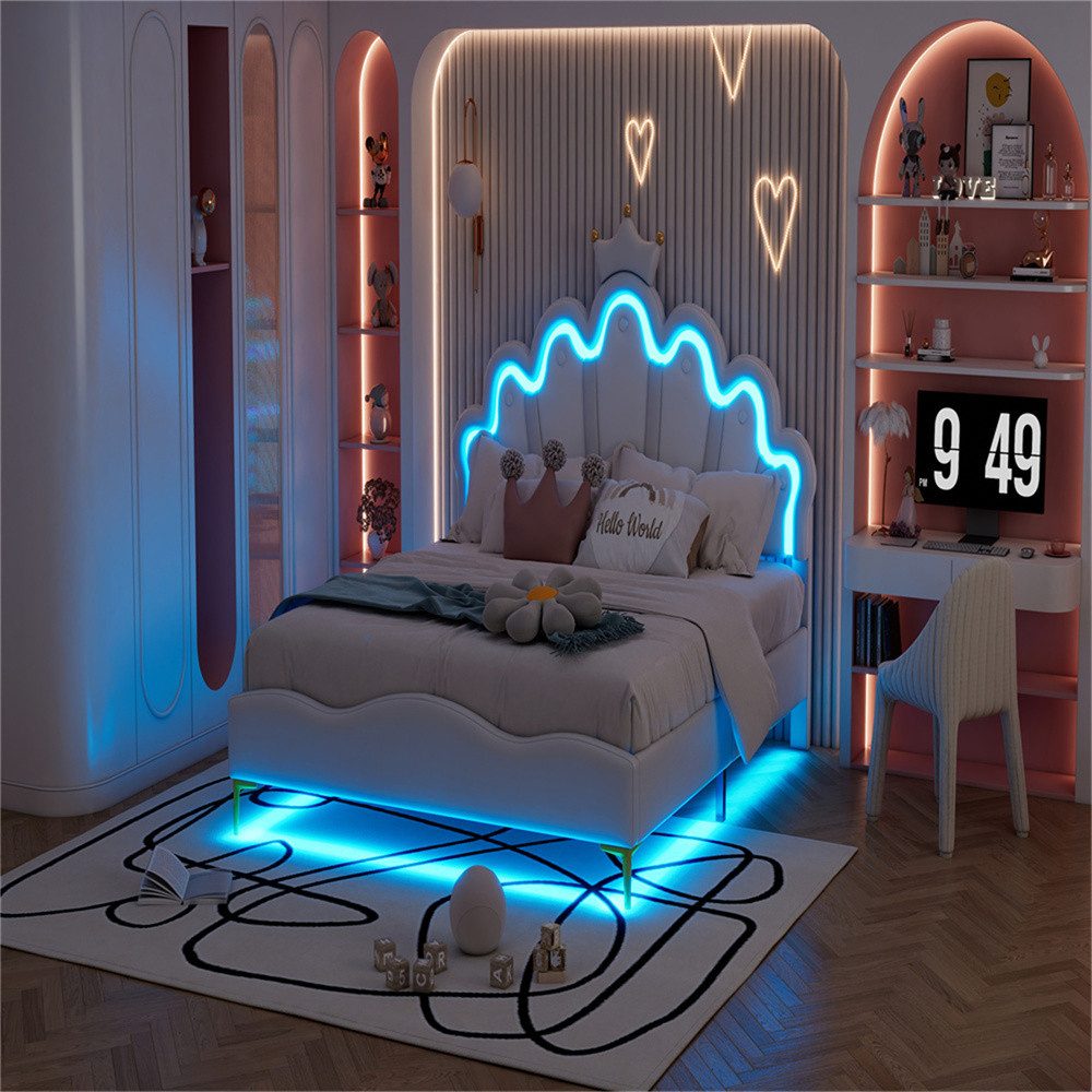 XDeer Polsterbett 140*200cm Flaches Doppelbett, kronenförmiges Prinzessinnenbett, weiche Polsterung aus PU-Leder