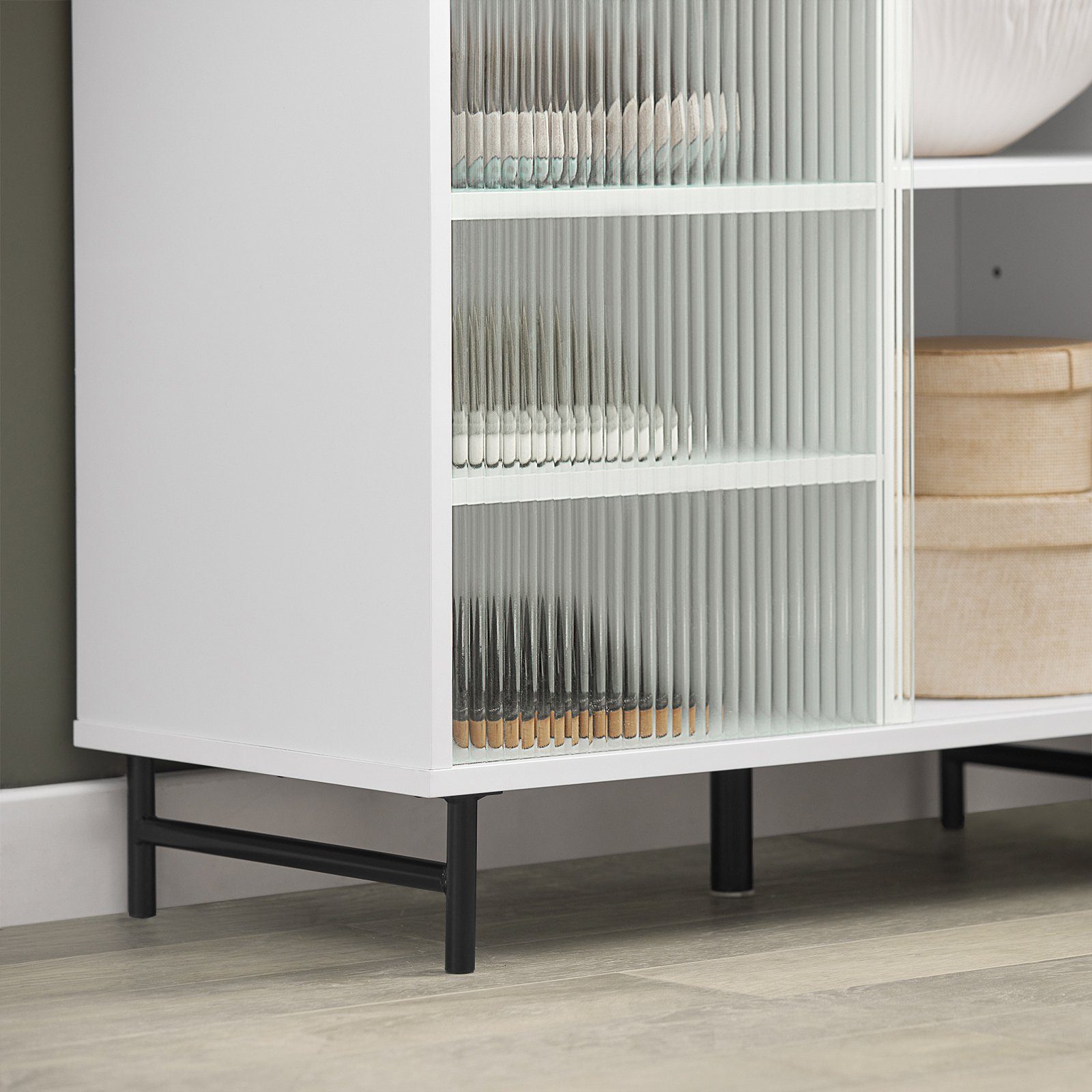 Schiebetürenschrank SoBuy Glas FSB61 Schiebetür weiß Sideboard aus Kommode mit Schrank