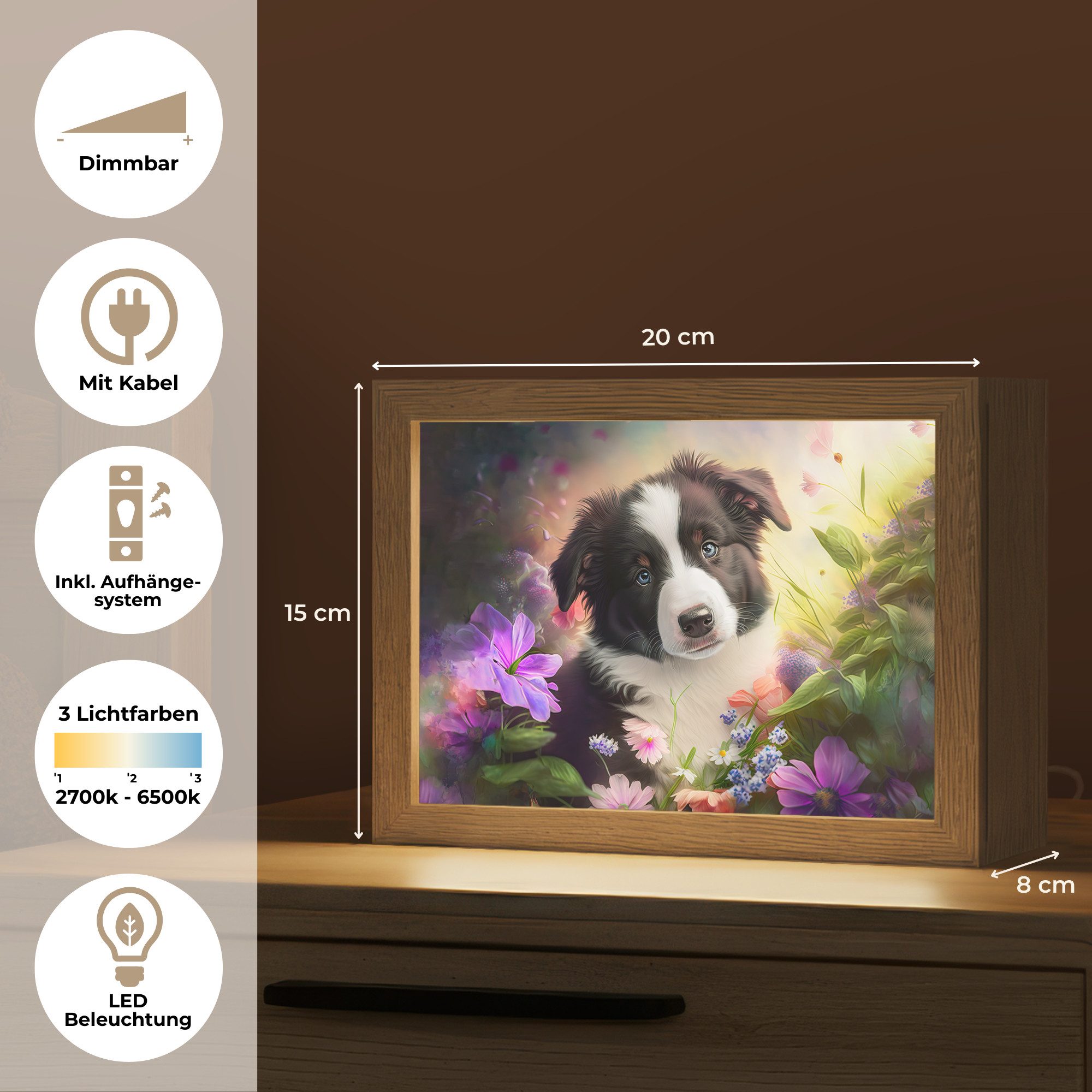 OnlyWow Nachttischlampe Lightbox Welpe - Sonne - Blumen - Natur - Border Collie - Hund - Mädch, Dimmbar, Farbwechsel, LED, Warmweiß, Kaltweiß, Neutralweiß Einstellbar, Nachtlicht, Kinder- und Babyzimmer, Dimmbar, mit Kabel, Tischleuchte