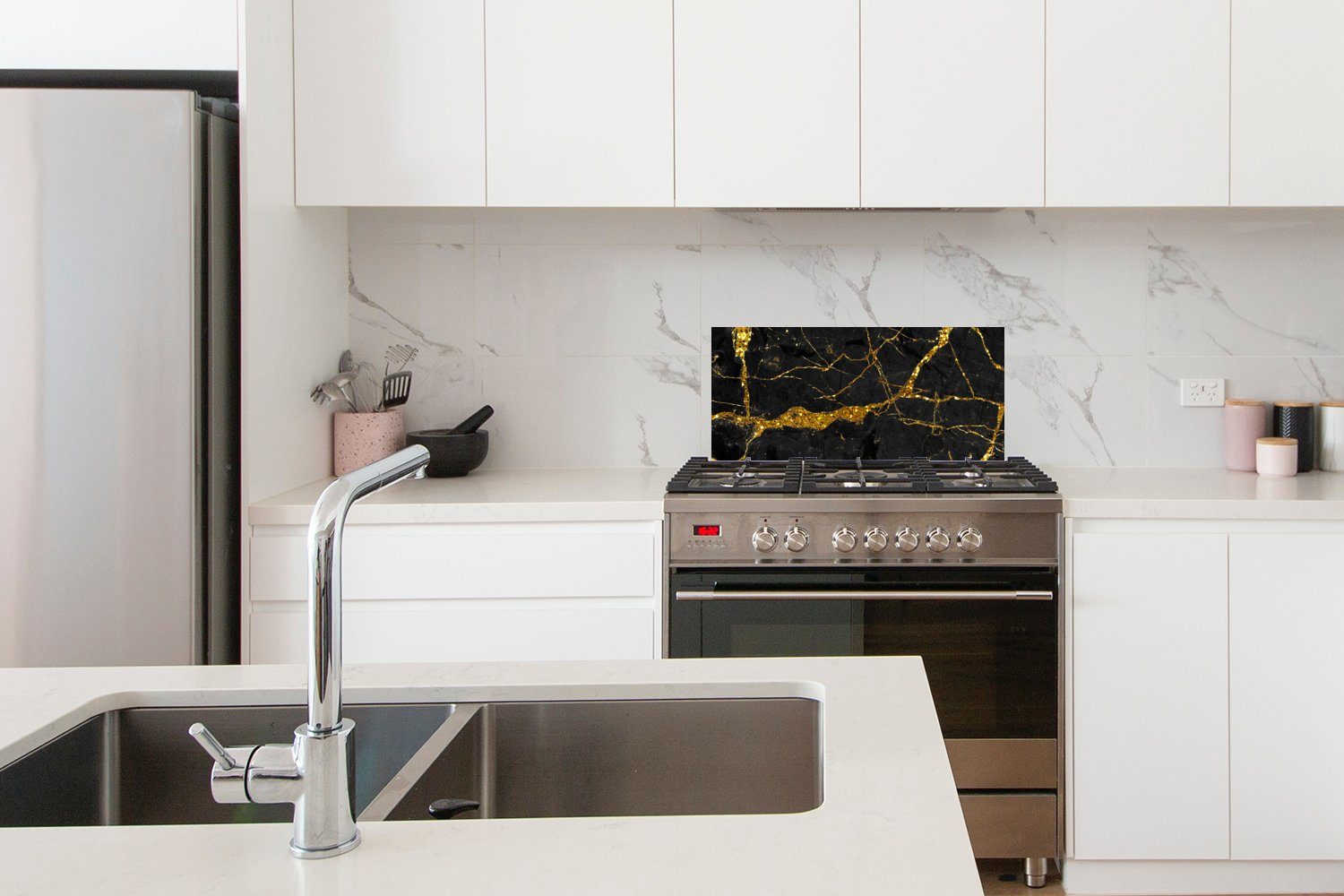 MuchoWow (1-tlg), Küchen 60x30 gegen - Küchenrückwand Schwarz - Luxus Marmor Glitzer, Schmutzflecken Wandschutz, - Fett Gold - cm, für Marmoroptik - und